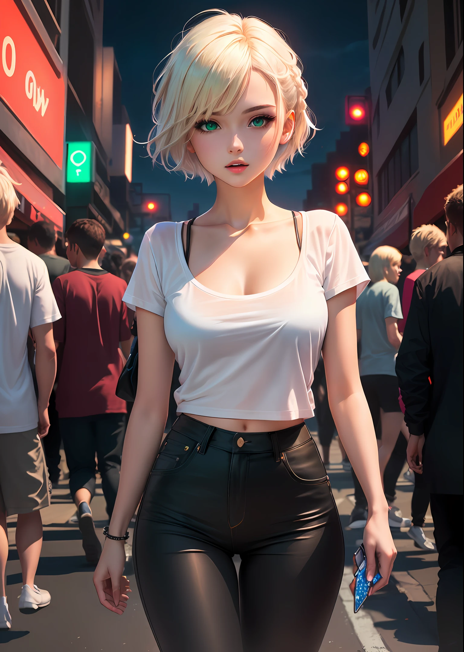 Araffed woman in a white shirt and black pants walking down a street -  SeaArt AI