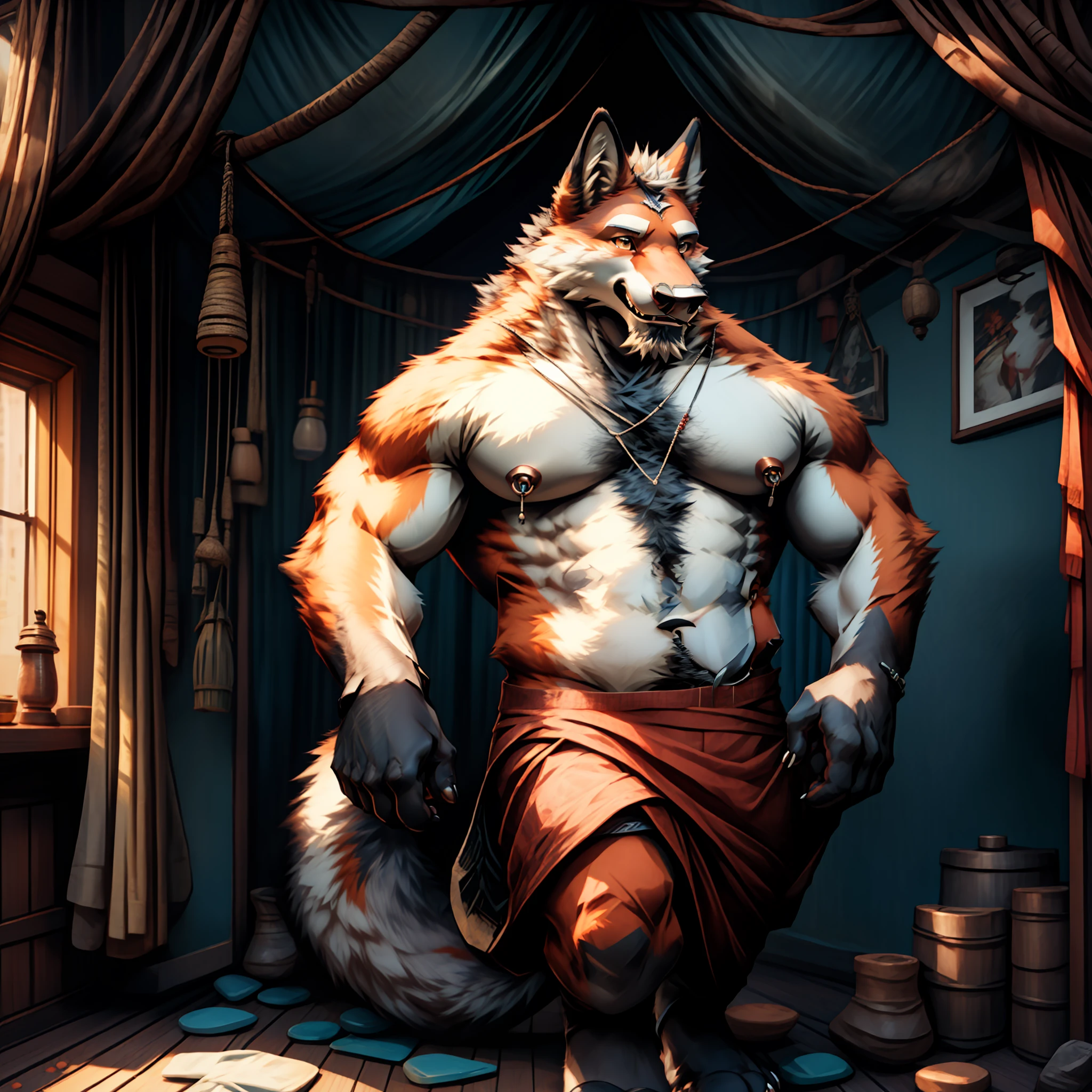 tmasterpiece，Raised sexy，The best quality，ultra - detailed，+hairy pubic，Anthropomorphic fox male，Fox in black，There are a little red details on the ears and paws，Scales and orange-white fur，Handsome，Sloth，Wearing nipple rings，The eye insertion，room environment。