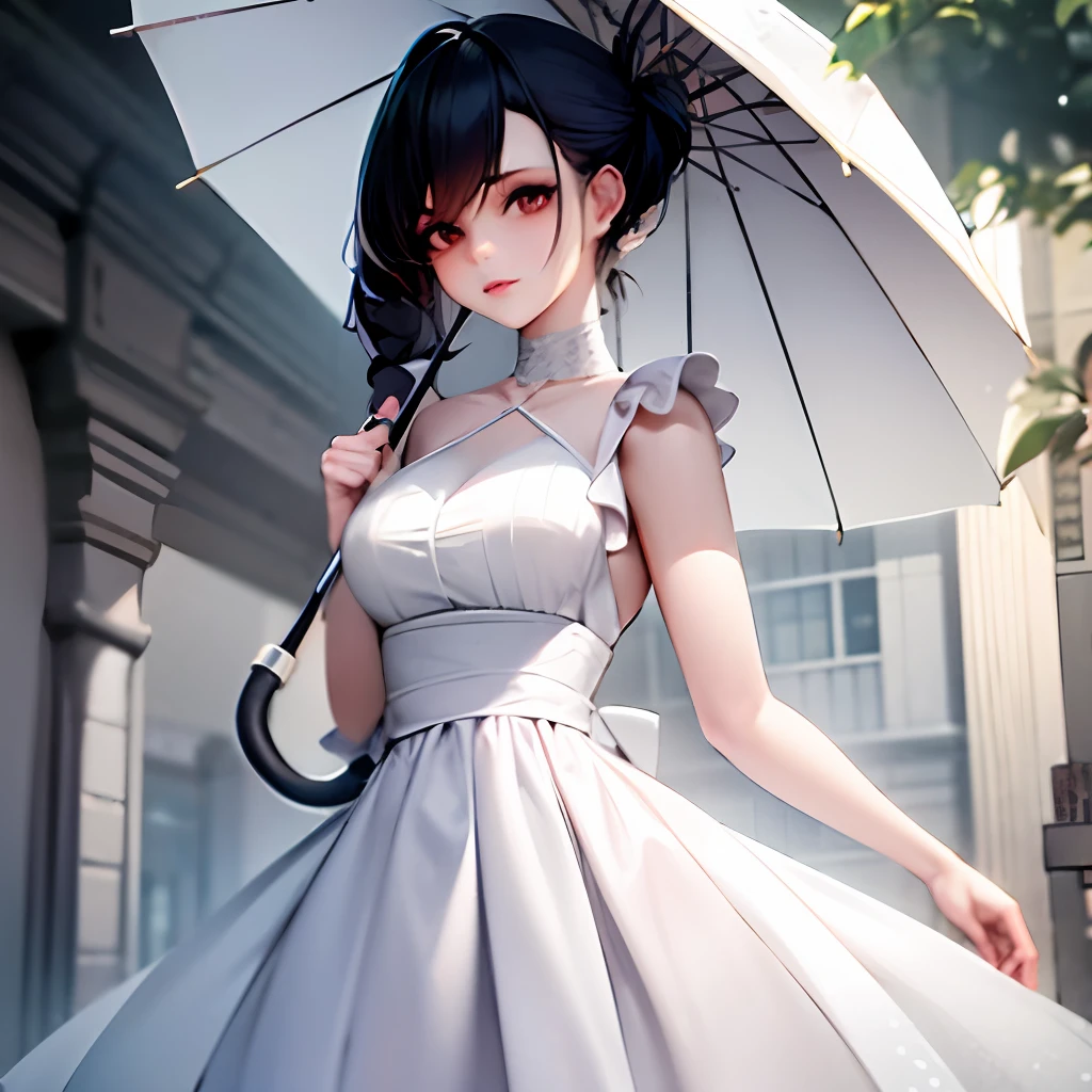 Anime-Mädchen in einem weißen Kleid, das einen Regenschirm vor dem Gebäude hochhält, Guviz-Stil Kunstwerk, Guviz, Süße Anime-Waifu in einem schönen Kleid,  im Kleid, Sanfte Anime-CG-Kunst, Guweiz in Pixiv ArtStation, Guweiz on ArtStation Pixiv, guweiz masterpiece, digitale Kunst einer eleganten