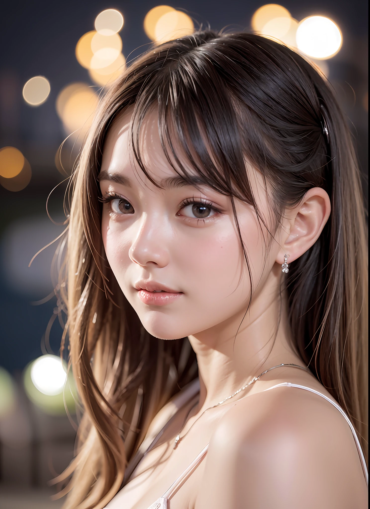 best、masutepiece、Ultra high image quality、realisitic、Stunning composition、1girly、15yo student、(Beautiful Face 1.4)、A slender、a closeup、sand beach、natta、Watch the fireworks、Your face is illuminated by fireworks lights、extra detailed face、Too clear white skin、poneyTail