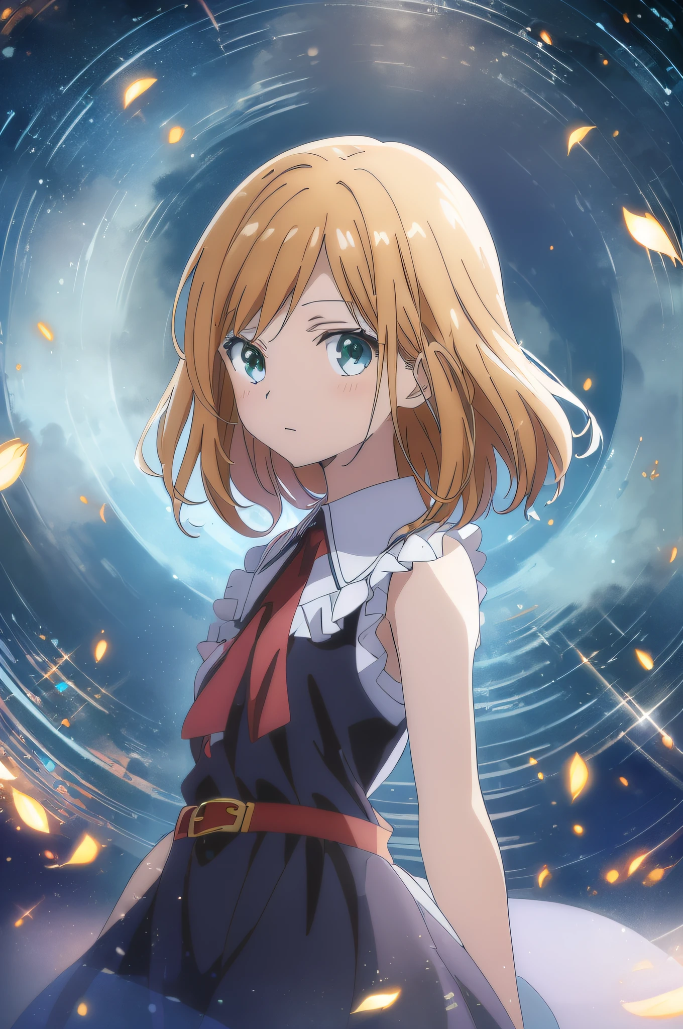 (top-quality,animesque,Anime Art Style,:1.5), Slender 13 year old girl, perspired,summer  dress,Looking away,Sleeveless,Shines,Particles of light、nice angle、Heat