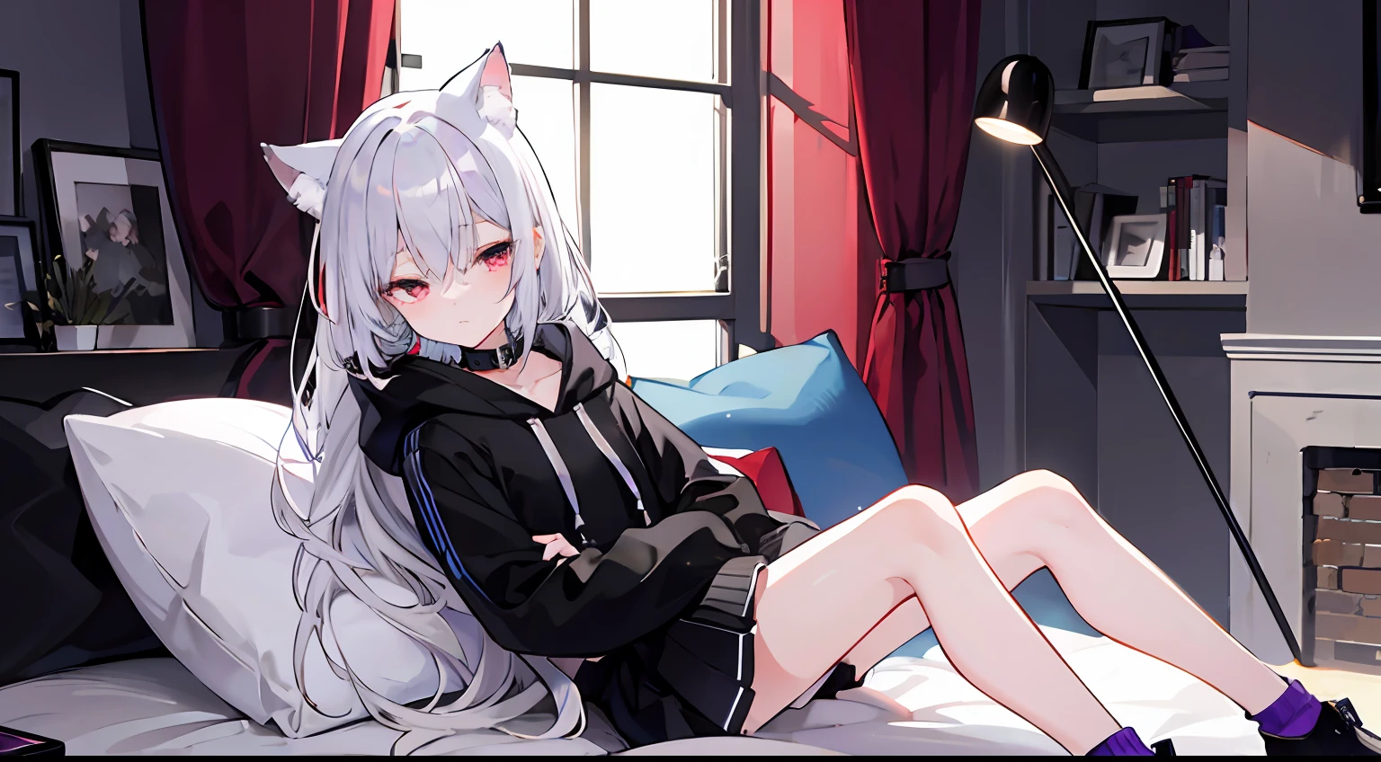 A beautyful girl，Height 154 cm，He has long gray hair，Wearing cat ear decoration，Wearing a triangular hairpin，Has light red eyes，Wearing a black collar，Wearing a black and purple hoodie，Wearing a short black skirt，Wear black calf socks，Wearing small black leather boots，Poor milk，While sleeping