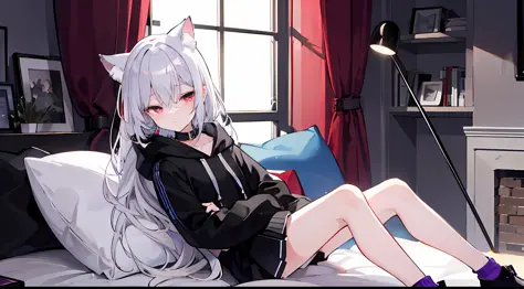 a beautyful girl，height 154 cm，he has long gray hair，wearing cat ear decoration，wearing a triangular hairpin，has light red eyes，...