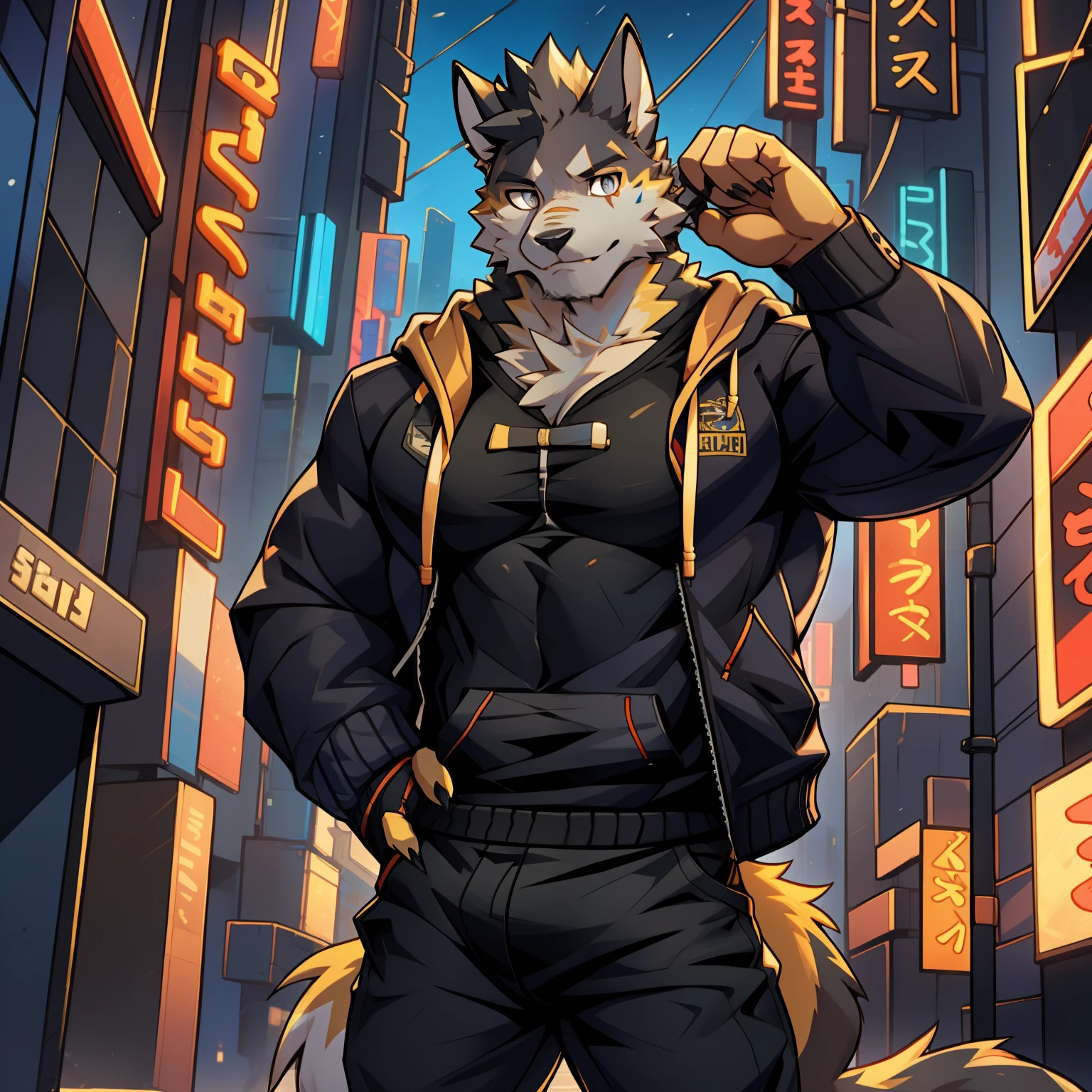 A close up of a person standing in a city with a wolf on his head ...