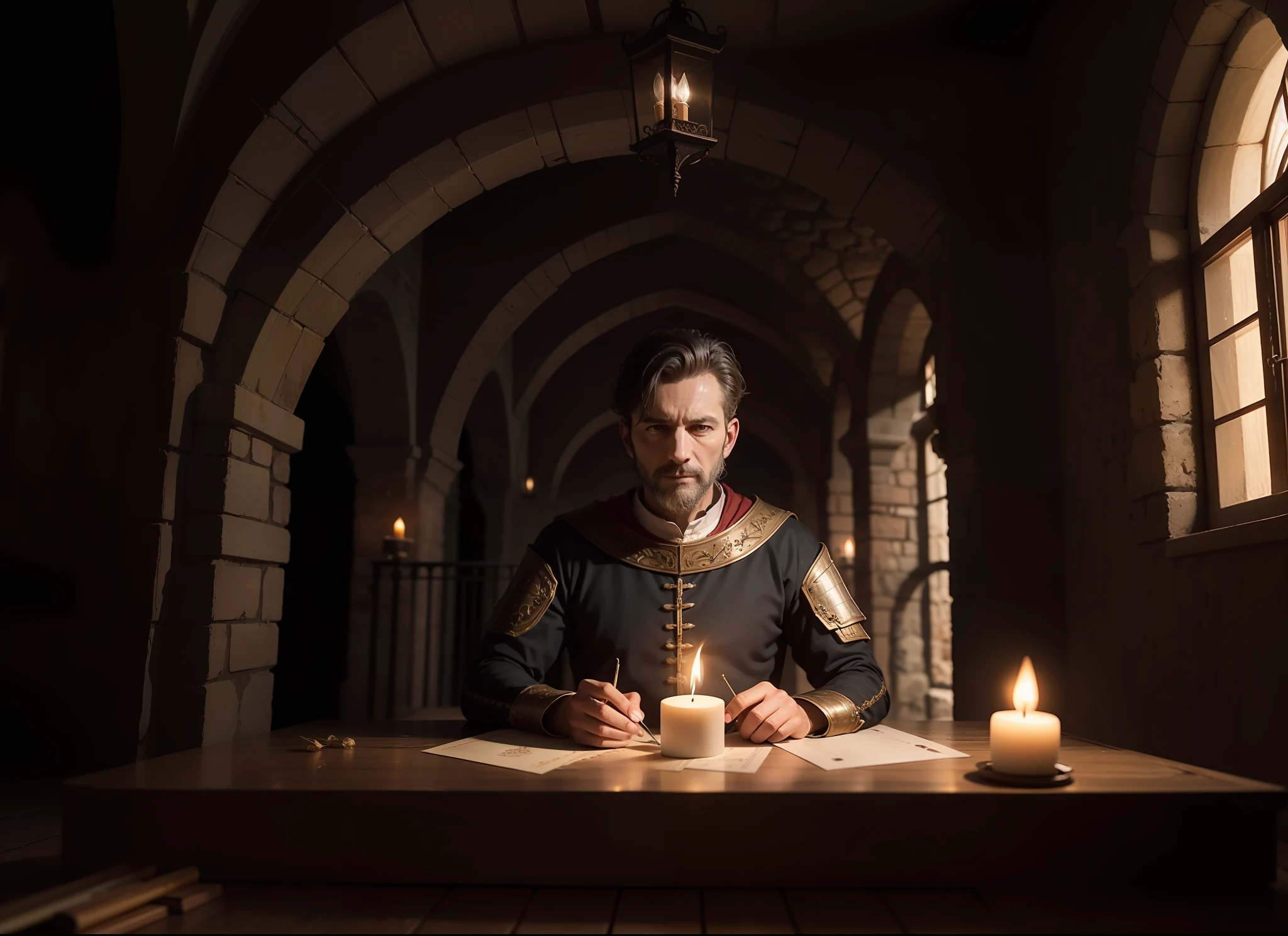 Hombre con cara triste y oprimida., escribiendo una carta, interior de casa medieval, casa medieval. Iluminado a luz de velas, Fantasía oscura, máximo detallado, Surrealism, alta calidad, 8K, Súper detalle