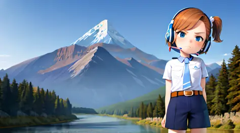 female sad child, short hair, brown hair, side ponytail, headphones, belt, shorts, shirt, necktie, frown, standing, (mountain, river:1.3), looking at viewer, from below, arms behind back