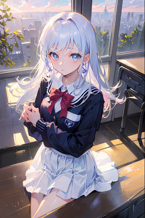 (Daisaku,Best Picture Quality:1.4),ultra - detailed,illustration,(solo,1girl,),‎Classroom,校服,white hair,blue eyes,high school se...