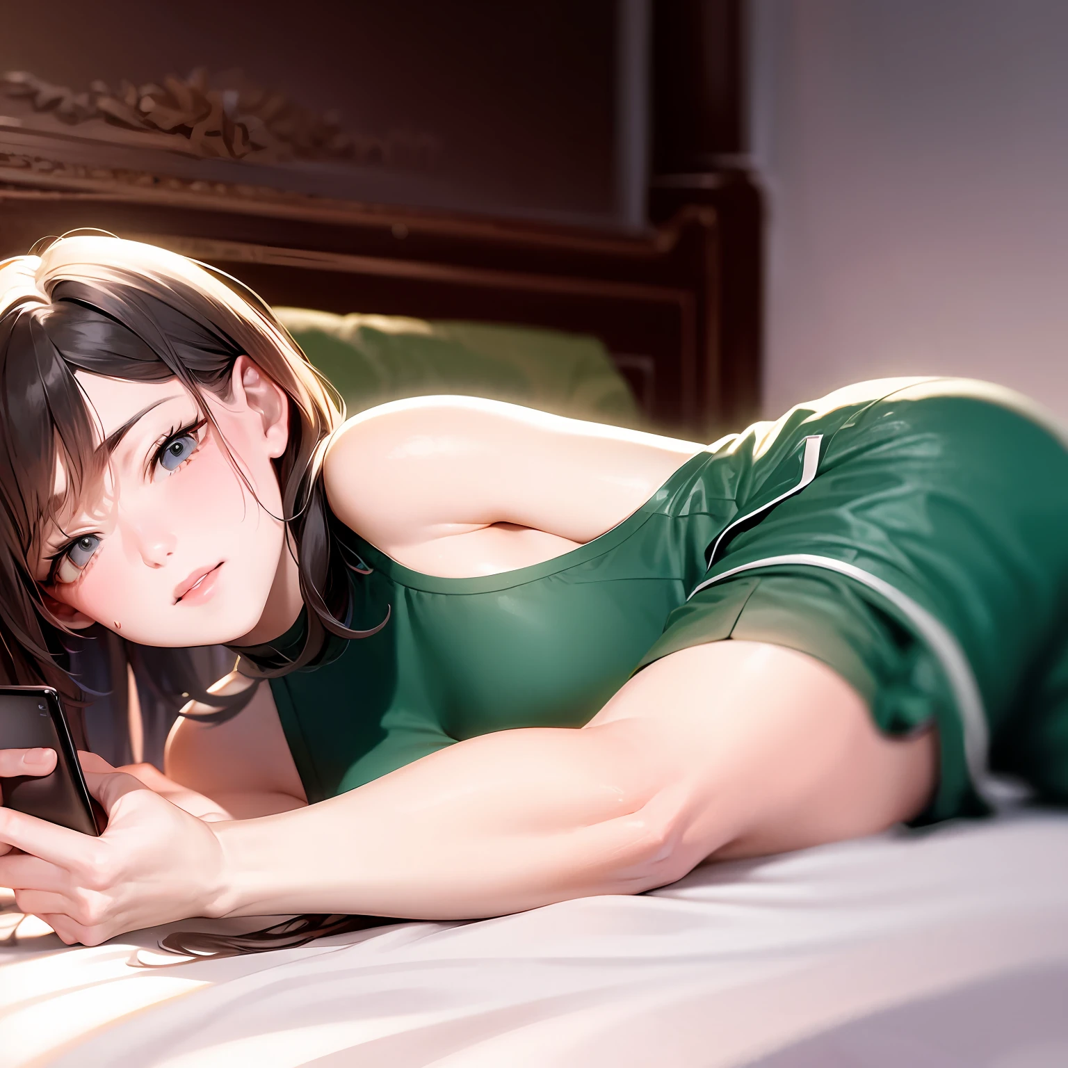 امرأة واقعية مستلقية على السرير تلعب بالهاتف المحمول في شورت أخضر أرجواني قصير الأكمام