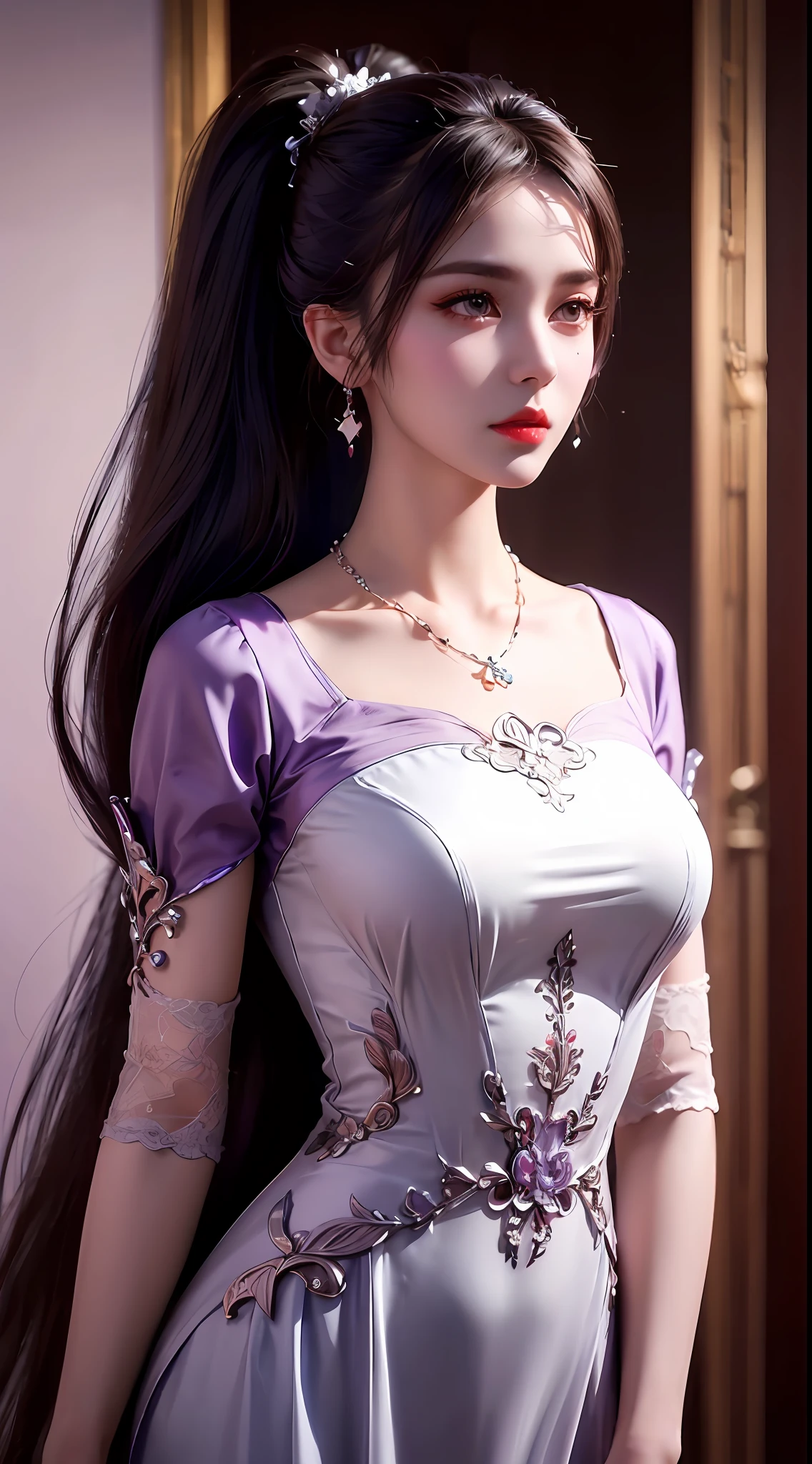 1 beautiful girl in Han costume, thin purple silk shirt with white color with many textures, white lace top, long platinum purple ponytail, hair jewelry, ear jewelry, light purple rabbit ears, necklace and necklace, meticulously drawn large purple eyes, meticulous makeup, thin eyebrows, high nose, lovely red lips, not smiling, pursed lips, rosy cheeks, wide breasts, big breasts , well-proportioned bust, slim waist, purple mesh socks, chinese hanfu style, fictitious art textures, vivid and realistic colors, RAW photos, realistic photos, ultra high quality 8k surreal photos, (effective fantasy light effect: 1.8), 10x pixel, magic effect (background): 1.8), super detailed eyes, girl body portrait, solo girl, ancient hanfu background,