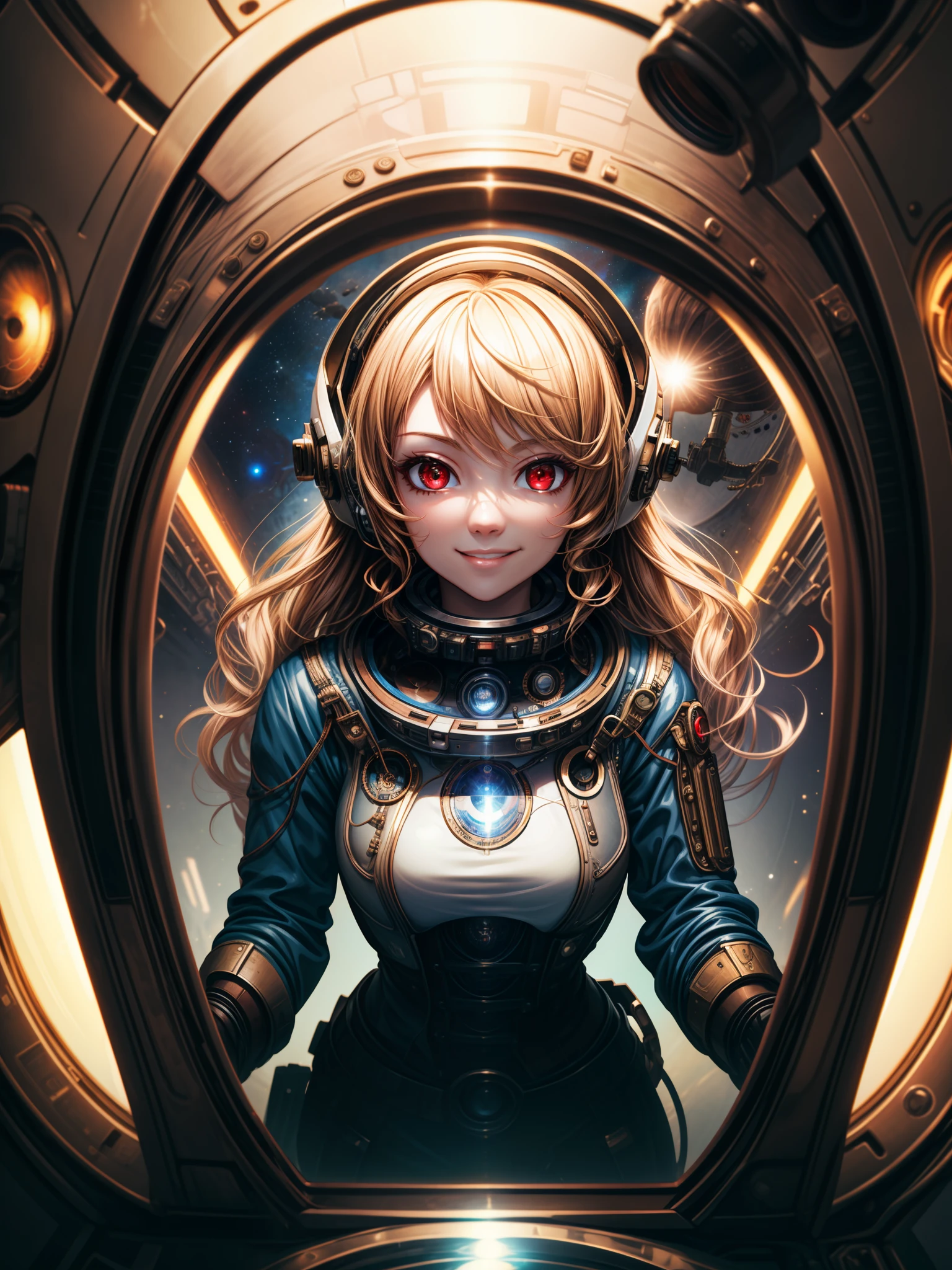 (masterpiece), selfie, centered, Instagram able, steampunk astronaut 1girl, cute smile, red ribbon, long wavy hair, blonde hair, red eyes, steampunk spaceship interior, space background, stray hair, fisheye effect, backlight, dynamic lighting, reflection, depth of field, ultra detailed, intricate, (epic composition, epic proportion), professional work,