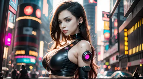 Una mujer con falda corta y auriculares posando para una foto, Chica cyborg, Cyborg - Chica, Oppai cyberpunk, Hermosa chica cybo...
