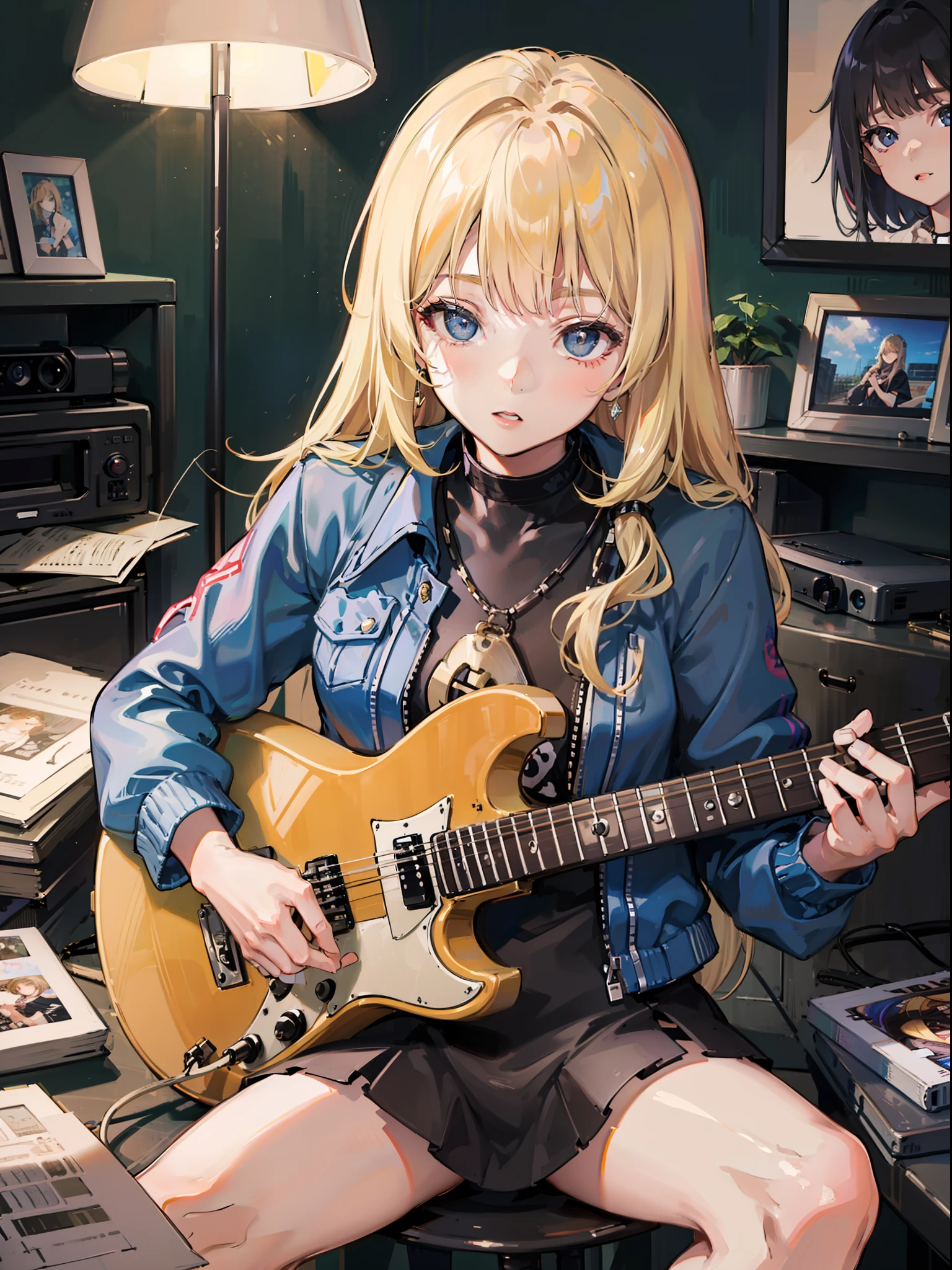 color photo of a high school girl practicing electric guitar in her room

The high school girl sits in her room, surrounded by posters of her favorite bands and musicians. Her electric guitar rests on her lap, and her fingers move quickly along the fretboard as she practices her latest riff. The room is filled with the sound of distorted guitar, and the girl's face is a picture of concentration as she perfects her technique.

The environment is a typical teenage bedroom, with clothes scattered on the floor and a messy desk covered in papers and books. The walls are adorned with posters of rock stars and guitar heroes, and the room is bathed in the warm glow of a table lamp.

The mood is one of determination and passion, as the girl pours all her energy into her music. The atmosphere is electric, with an energy that can only come from the raw power of rock and roll.

Shot with a Canon EOS 5D Mark IV camera and a Canon EF 50mm f/1.8 STM lens, the photo captures the girl's love for music. The photographer used a low aperture to create a shallow depth of field, making the girl's face the focal point of the photo. The lighting is warm and soft, creating a cozy and inviting atmosphere.

Directors: Richard Linklater, Sofia Coppola
Cinematographers: Robert Richardson, Barry Ackroyd
Photographers: Annie Leibovitz, Mick Rock
Fashion Designers: Vivienne Westwood, Hedi Slimane