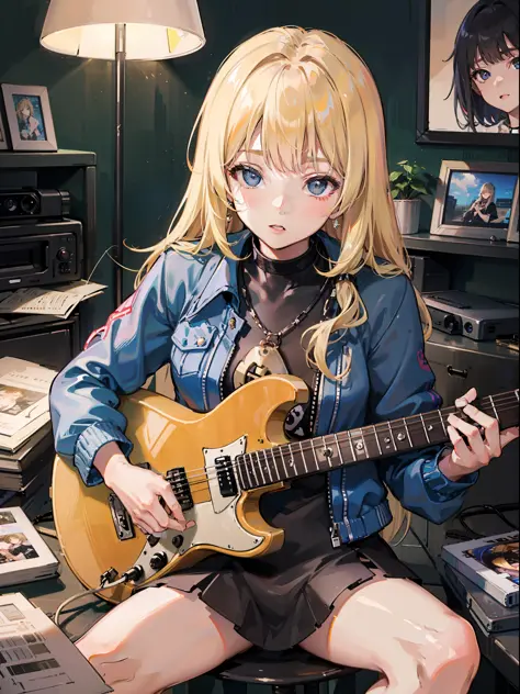 color photo of a high school girl practicing electric guitar in her room

The high school girl sits in her room, surrounded by p...