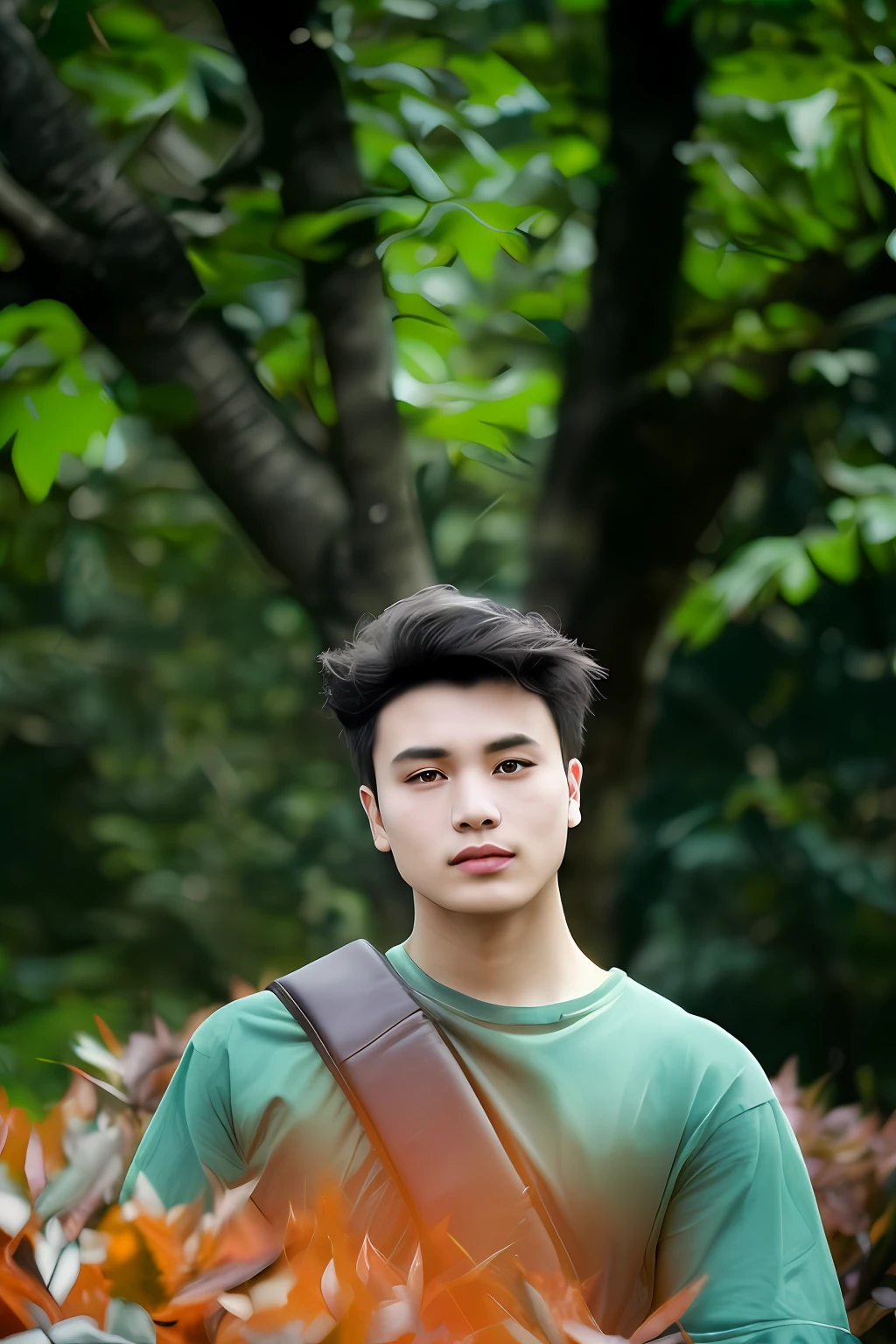 (cover photo portrait of du juan, damien tran, xintong chen, ryan jia, yihao ren, steve zheng, yanjun cheng, pan ren wei),(Men's backpack,forest backgrou,Leafy jungle),(mid shot portrait, Luxury gray suit),(south east asian with round face,Trendy brunette hair, Inspired by Xiao Yuncong),(Detailed depiction:The photo pose is natural,Slightly sideways,eyes closed tight,The corners of the lips are slightly raised,Soft eyelashes,The sun deepens),(Effect filters:high saturated,Deep contrast,Hyperrhythmic,Hyper Real)