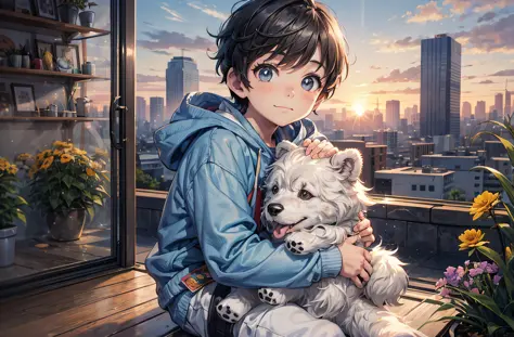 A happy little boy and a teddy bear dog，Full body photo sitting on the roof，Short blue-gray sweatshirt，Blue sneakers，with flower...