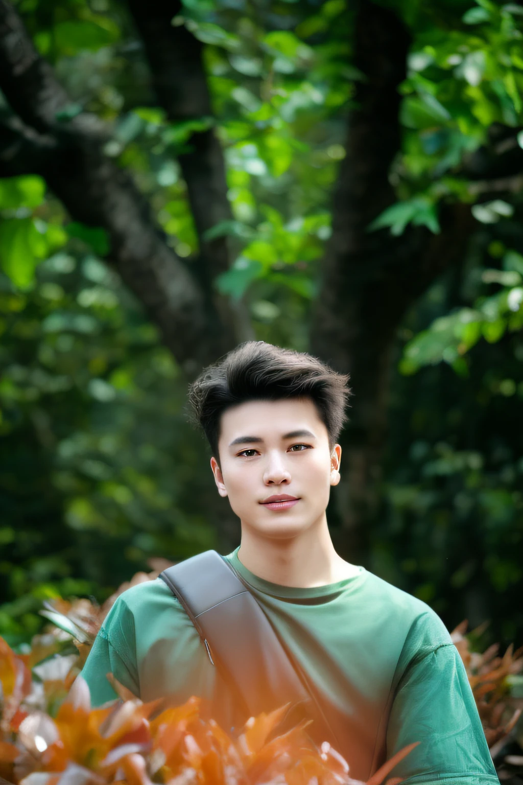 (cover photo portrait of du juan, damien tran, xintong chen, ryan jia, yihao ren, steve zheng, yanjun cheng, pan ren wei)，Men's backpack，Tree-lined forest，Medium view luxury gray suit portrait，Southeast Asian round face fashion brunette hair，Naturally sideways，Soft eyelashes，clenched eyes，Smiling lips，Detailed depictions are rendered in the subject of the photo where the sun is getting deeper，high saturated，Deep contrast，arrhythmia，Ultra-realistic effects filters。