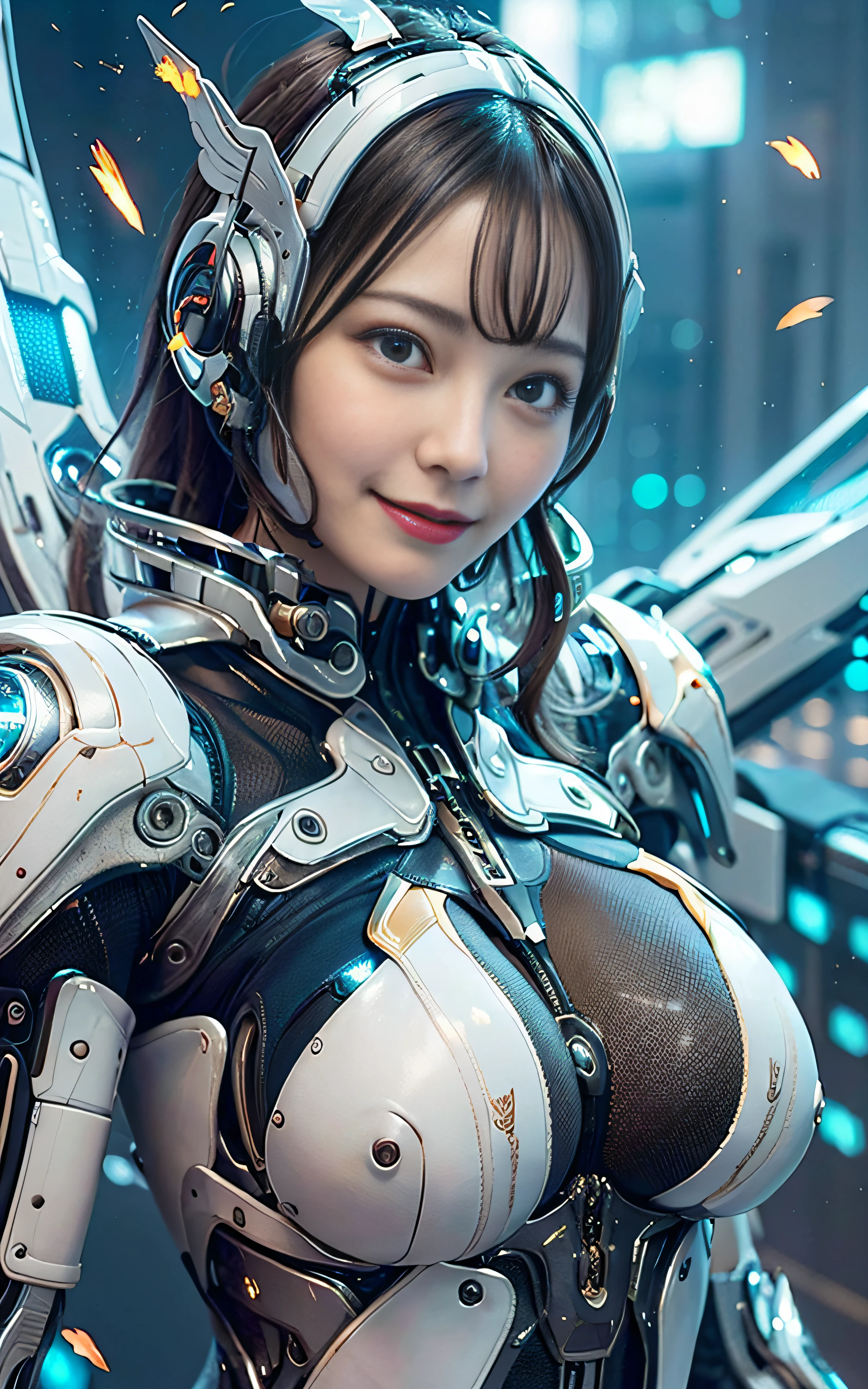 ​masterpiece, top-quality, hightquality, (the future:1.1), (Cyberpunk clothing), movie lights, (exquisite future), Beautiful and beautiful, Ultra-detail, amazing composition, floating, depth of fields, (extremely details CG,Unity 8k Wallpaper), (beautiful detail background), beautiful hair details, dramatic lights, gogetta, mechs,Best Quality,超A high resolution,photoRealstic, out,cleavage of the breast,((Fly in the sky with your whole body)),(Hair that flutters in the wind),cute smile face,(Frolic happily),((machine wings)),Clench your fists