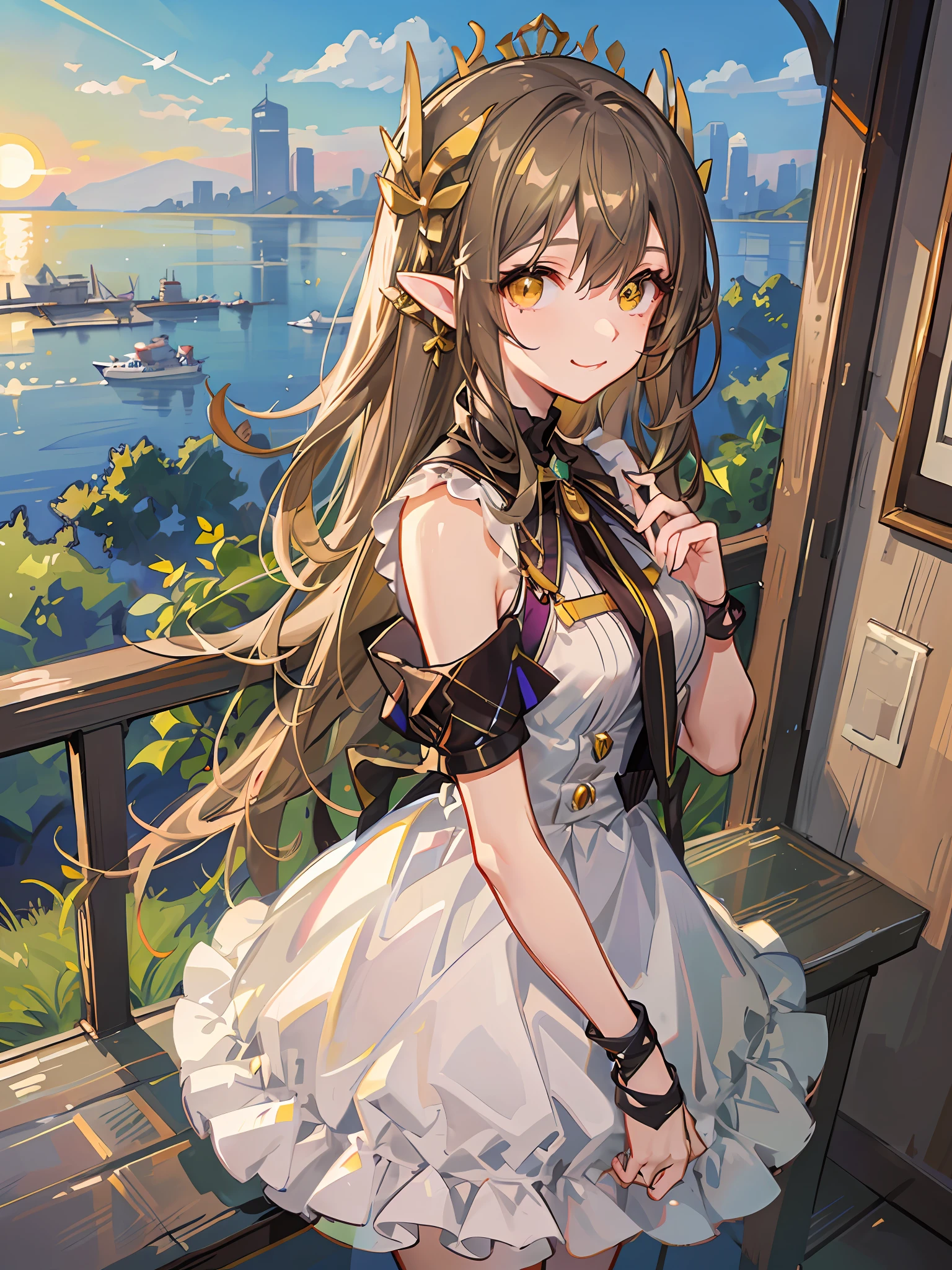 tmasterpiece，Best quality，
1girll， scenecy， in a panoramic view， overlooks，（Faraway view）， 
Mumu，long whitr hair，Brown hair and green hair，pointy ears，Yellow eyes，hair adornments，Moles under the eyes，little breast，鎖骨，By bangs，
white dresses，Look to the lens，ssmile，the setting sun，