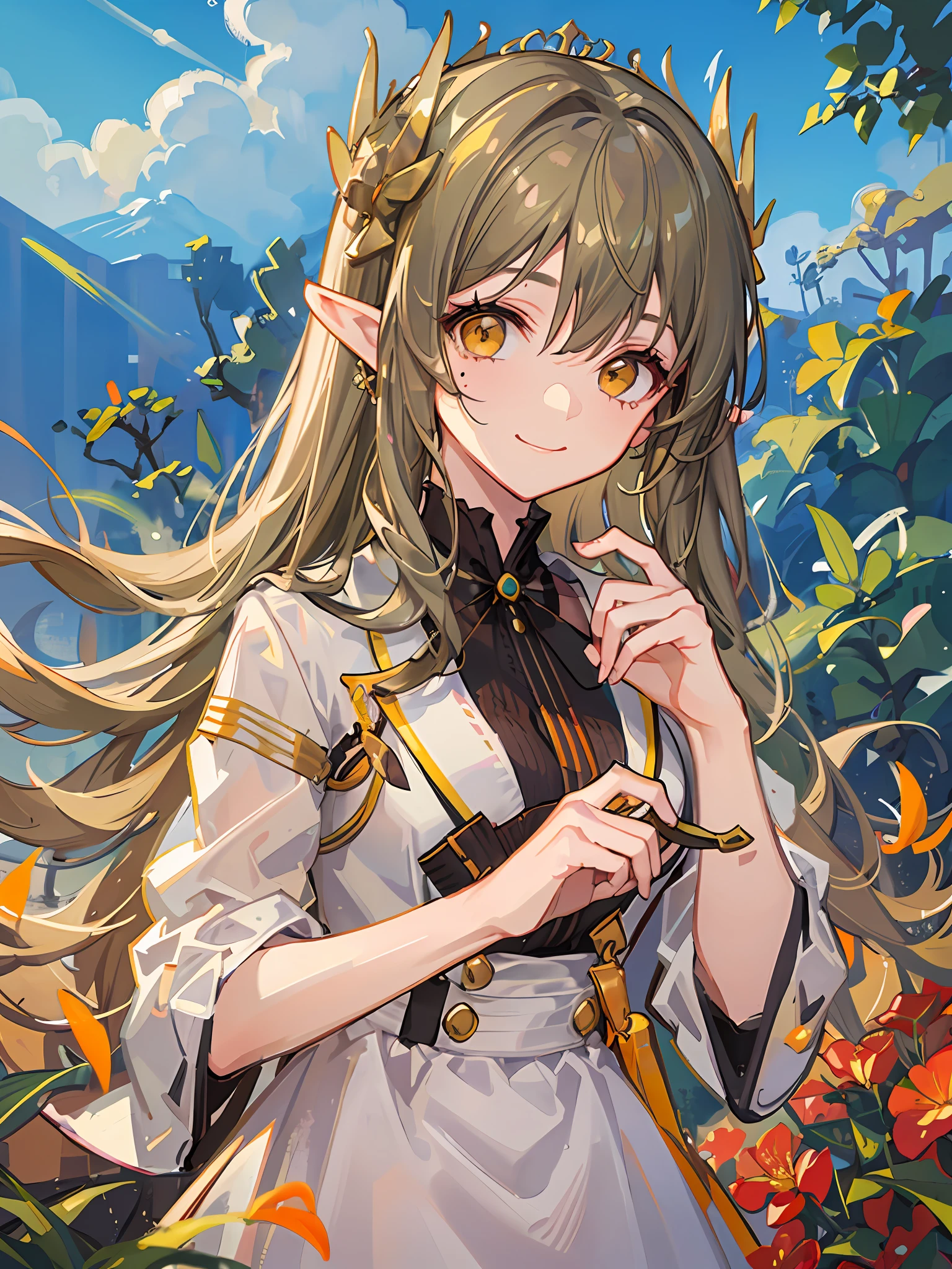 tmasterpiece，Best quality，
1girll， scenecy， in a panoramic view， overlooks，（Faraway view）， 
Mumu，long whitr hair，Brown hair and green hair，pointy ears，Yellow eyes，hair adornments，Moles under the eyes，little breast，鎖骨，By bangs，
white dresses，Look to the lens，ssmile，the setting sun，