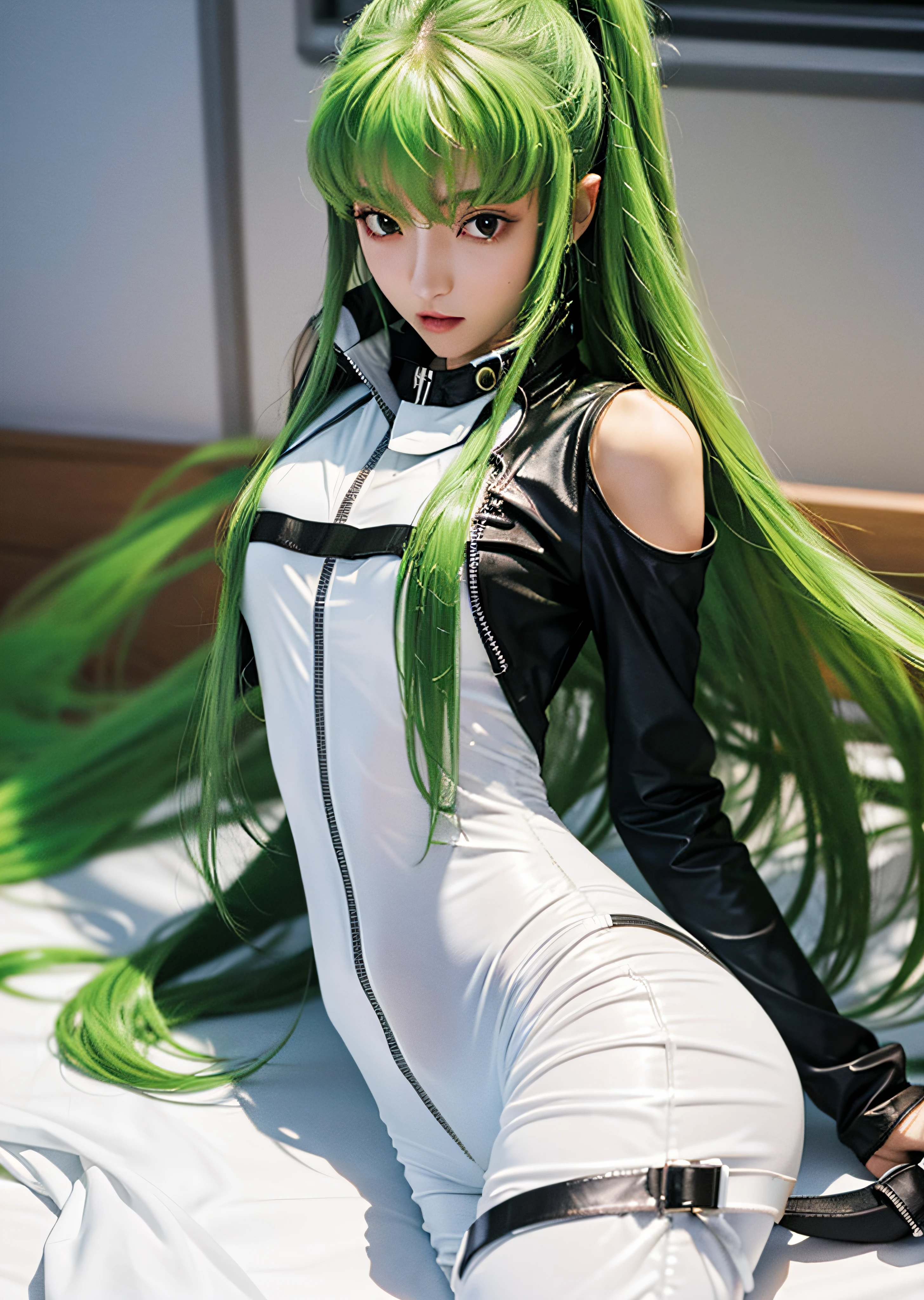 C.C., welliges Haar, masterpieCe, Code geass, sehr lange grüne Haare, glänzende Metallplatte, durchsichtige Silhouette, (Nackt:1.4), (durchsichtiger weißer Body:1.4), bestes sexy Anime-Mädchen, 1 Mädchen,