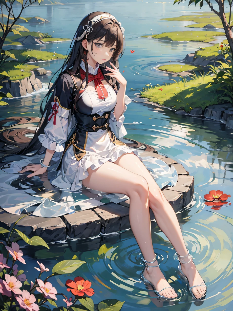 ，masterpiece, best quality，8k, ultra highres，The heroine comes to a peaceful lake，She sits on a rock by the lake，Watch the water ripple，Thoughts wander。She raised her hand，Gently paddle across the lake，Ripples form，It seems to be trying to find the inner waves。The lake is deep and tranquil，It was in stark contrast to the contradictions and pains in her heart。