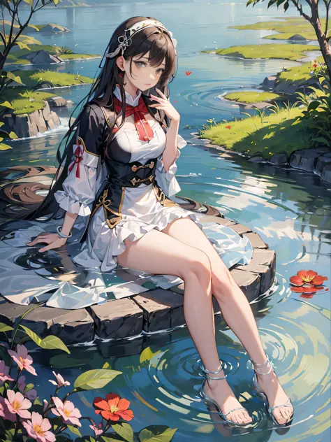 ，masterpiece, best quality，8k, ultra highres，the heroine comes to a peaceful lake，she sits on a rock by the lake，watch the water...