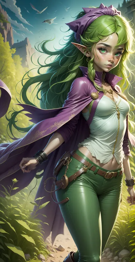 Alta Elfa  arqueira, Elfa,( olhos verdes:1.5 ),cabelo verde cabelo entre os olhos, cabelo comprido orelhas pontudas, madeixas la...