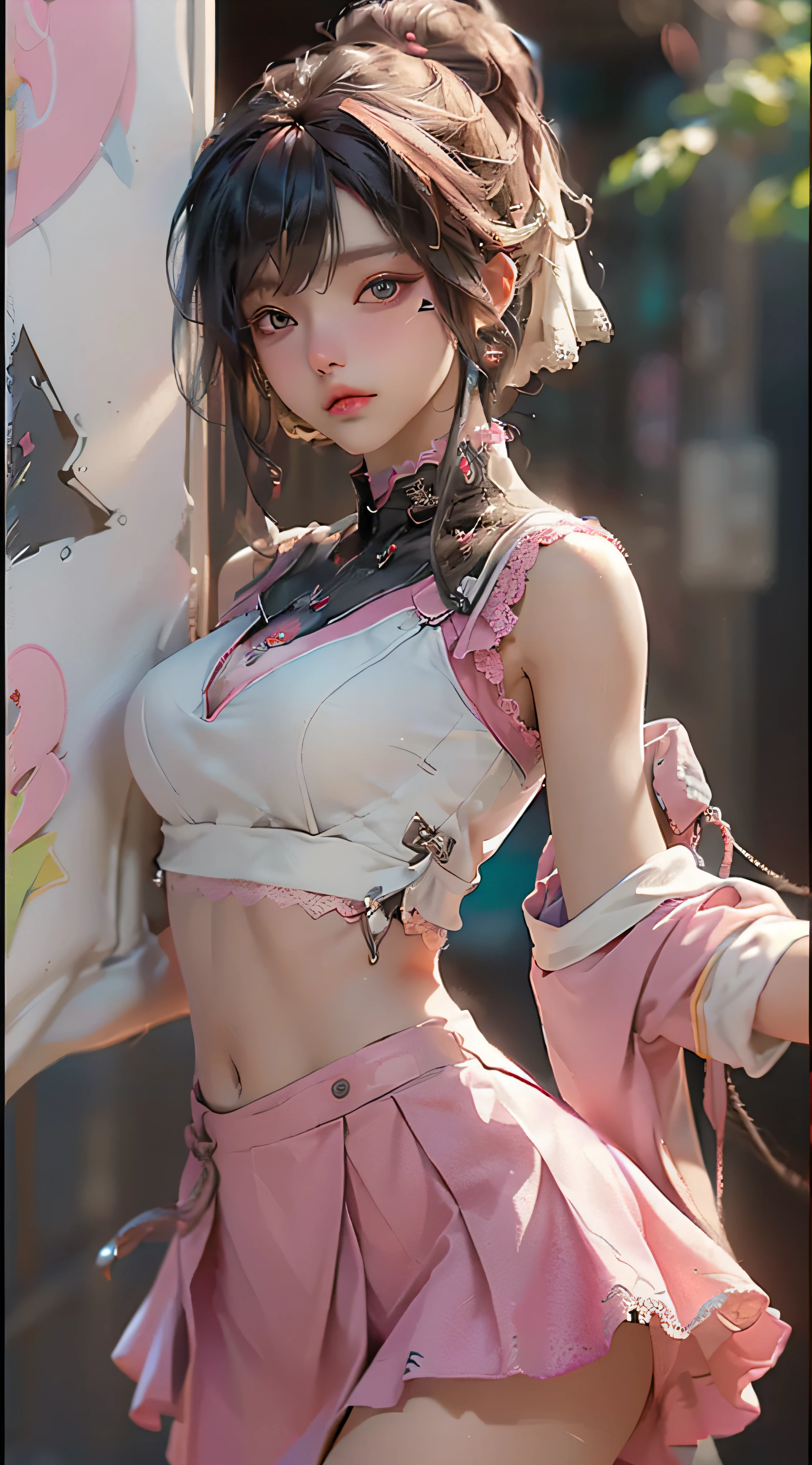 (Best Quality), ((Masterpiece), (Detail: 1.4), 3D, A Beautiful Cyberpunk Woman, HDR (High Dynamic Range), Ray Tracing, NVIDIA RTX, Super-Resolution, Unreal 5, Subsurface Scattering, PBR Textures, Post-Processing, Anisotropic Filtering, Depth of Field, Maximum Sharpness and Clarity, Multi-layer Textures, Albedo and Highlight Maps, Surface Shading, Precise simulation of light-material interactions, perfect proportions, Octane Render, two-color light, large aperture, low ISO, white balance, rule of thirds, 8K RAW, nudity, off-the-shoulder, camisole vest, miniskirt, transparent attire, open waist, miniskirt //, very short, colorful graffiti on shoulders, pleated skirt, jk short skirt long legs, lace trim, tulle textured clothes. Pink cute, tender pink, delicate expression, pink and white clothes. The coat slipped,