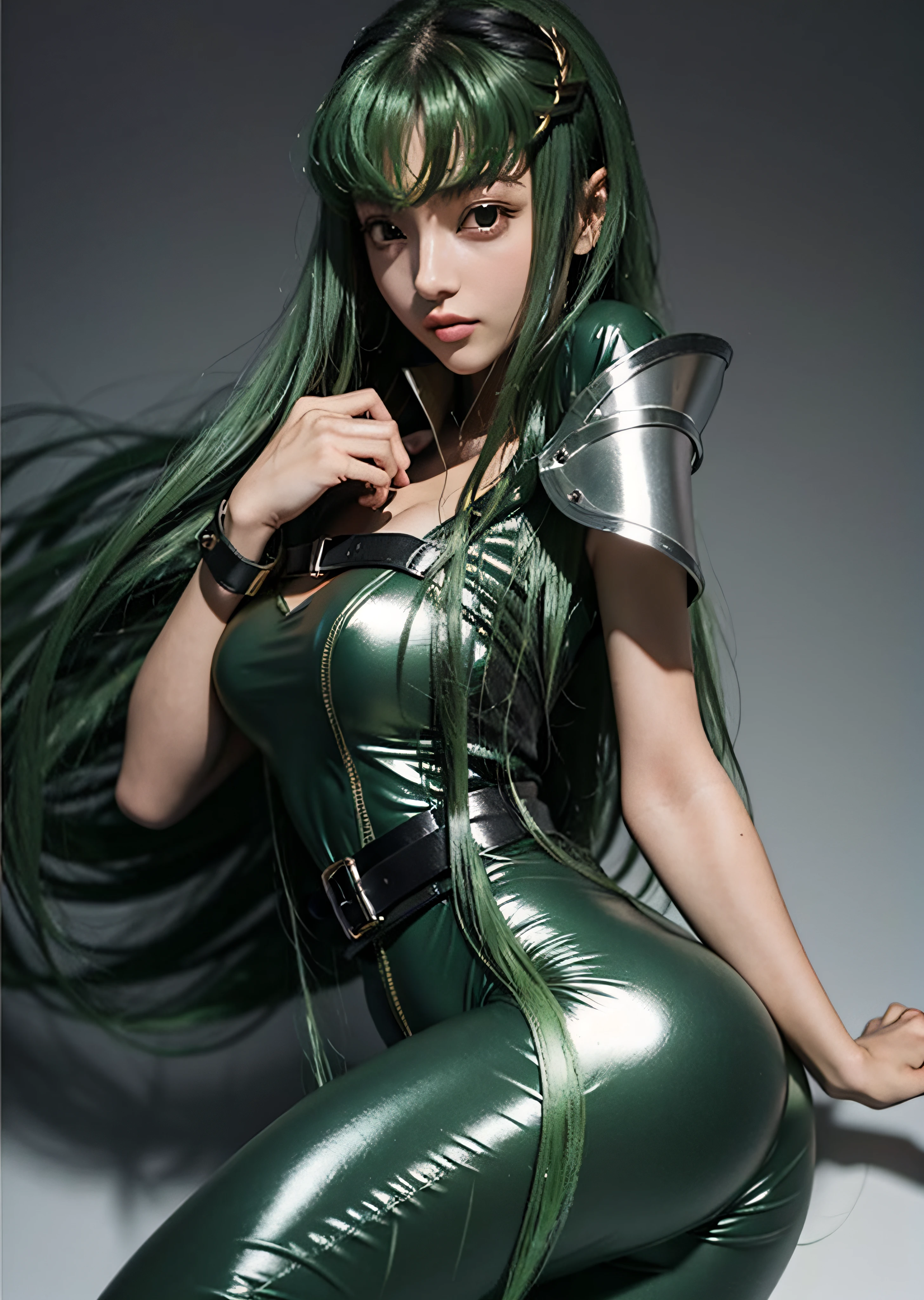 C.C., welliges Haar, masterpieCe, Code geass, sehr lange grüne Haare, glänzende Metallplatte, durchsichtige Silhouette, (Nackt:1.0), (see-through Colorless bodysuit:1.0), stiCking out breasts on the belt, entblößter Arsch, bestes sexy Anime-Mädchen, 1 Mädchen,