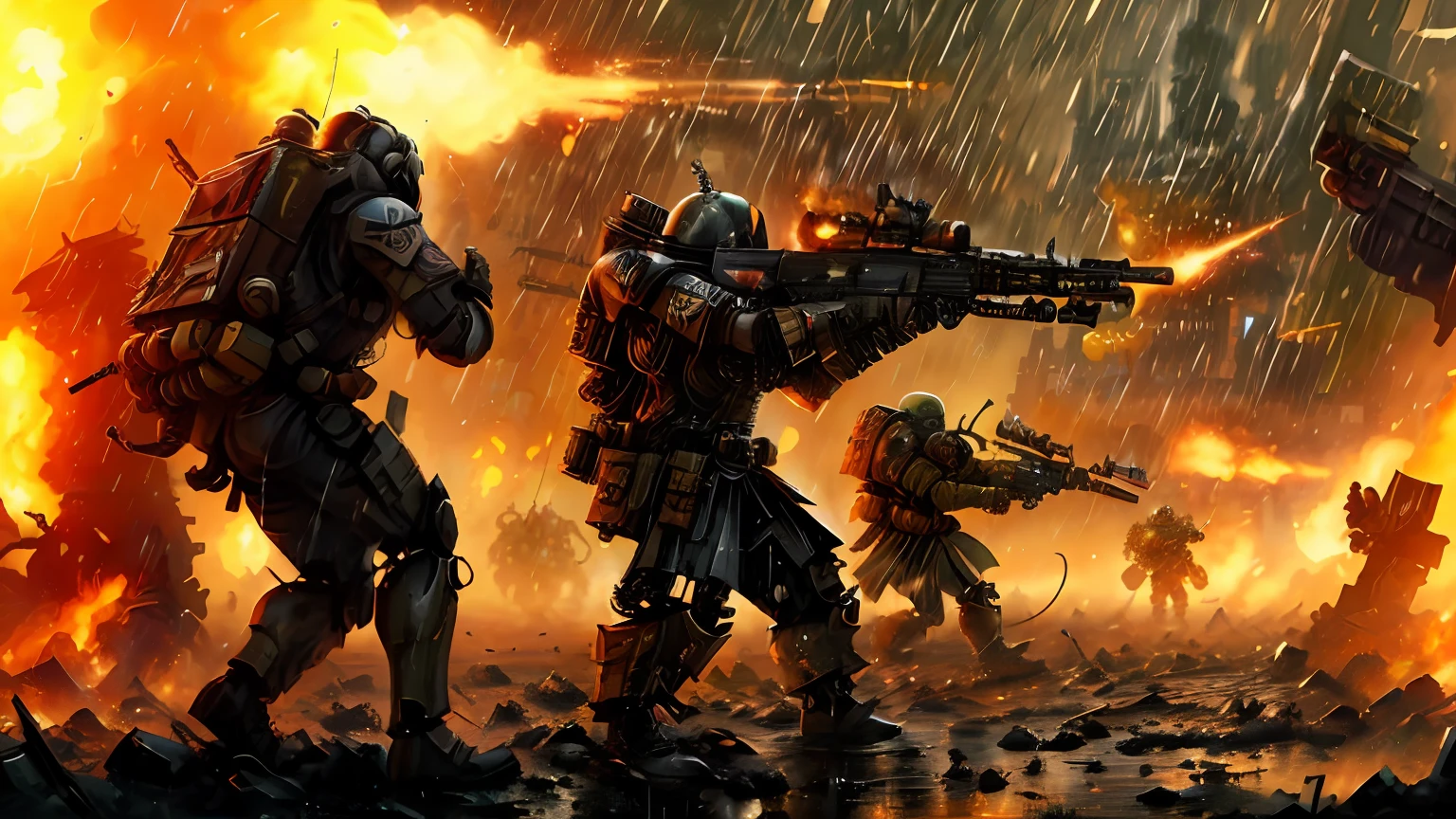 a group of soldiers with guns and fire in the rain, warhammer 40k style, warhammer 4 0 k artwork, warhammer 4k, warhammer 4 0 k!!, warhammer 40k!!, tactical team in hell, heavy weapons fire, fps game concept art, warhammer 40k, warhammer 4 0 k, warhammer40k, warzone background