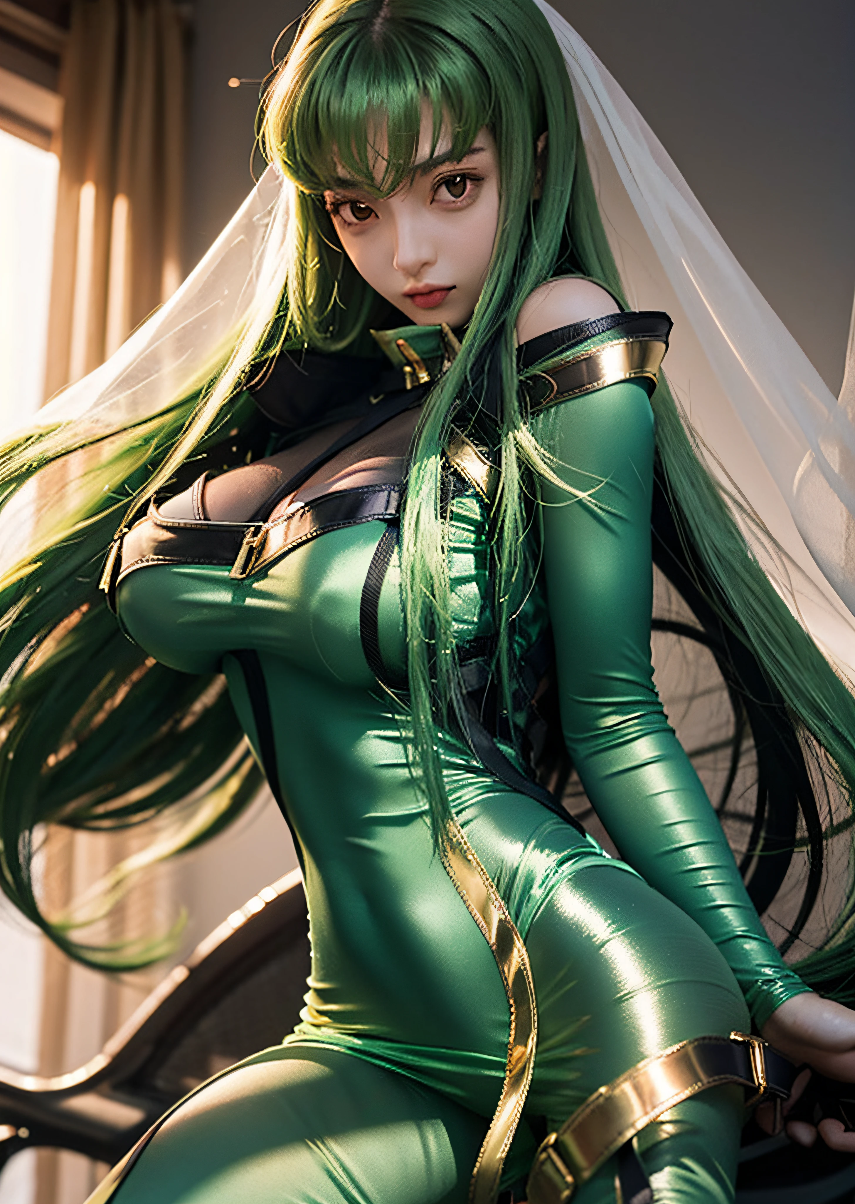 c.c., wavy hair, masterpiece, code geass, very long green hair, shiny gold plate, see-through silhouette, (naked:1.4), (see-through silky bodysuit:1.4), sticking out breasts on the belt, exposed breasts, exposed ass, best anime sexy girl, 1girl,