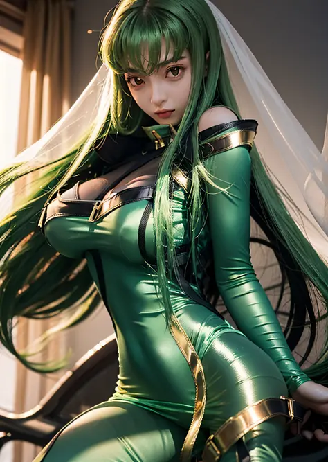 c.c., wavy hair, masterpiece, code geass, very long green hair, shiny gold plate, see-through silhouette, (naked:1.4), (see-thro...