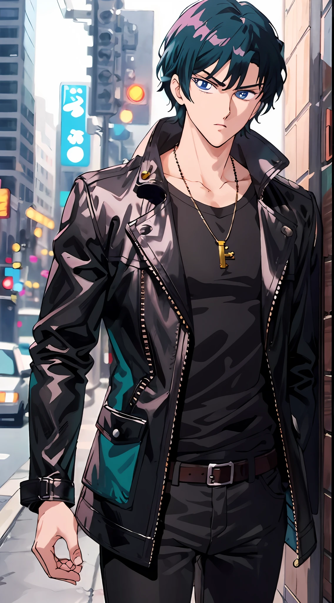 close-up of a man in a jacket and necklace, handsome anime pose, Anime handsome, Tall anime guy with blue eyes, Men's Anime Style, handsome guy in demon slayer art, Young anime man, Anime Artstyle Trigger, realistic art style, Male anime character, key anime art, based on Ito Ogura Yonesuke, anime realism style