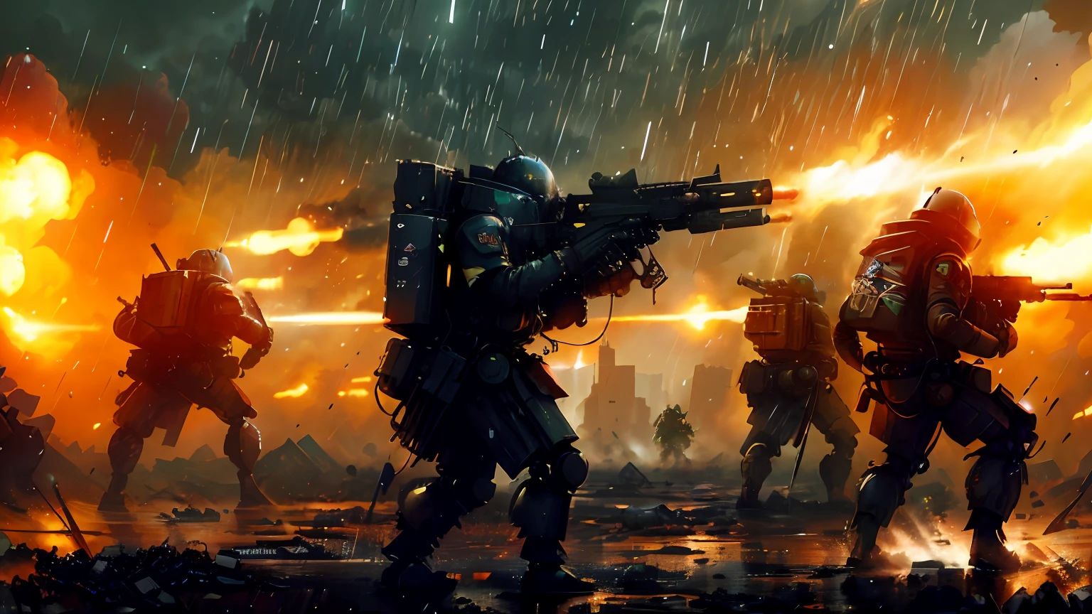 a group of soldiers with guns and fire in the rain, wojtek fus, soldiers and mech fight, mech machines firing bullets, dan mumford. 8 k octane render, dan mumford. octane render, cinematic 4 k wallpaper, cinematic 4k wallpaper, craig mullins dappled lighting, fps game concept art, futuristic battlefield, ( apocalyptic ) 8 k, hq 4k wallpaper