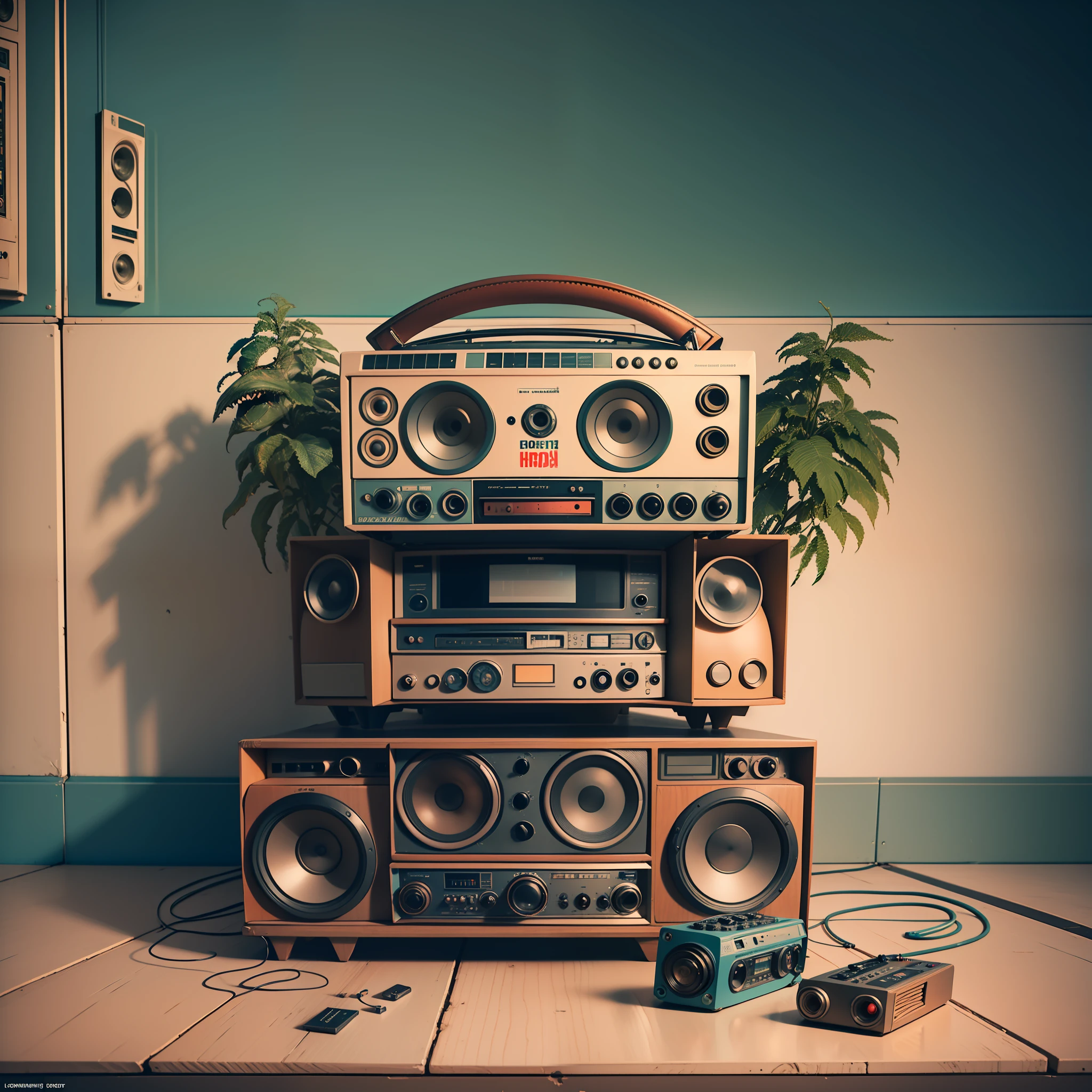 (((a monster creature)))), sitting on the floor, holding, a boombox with a radio on top of it, boombox, ghetto blaster, big ghetto blaster, tape deck, lofi hip hop, audio equipments, cassette, retro technology, nostalgic vibes, 1 9 6 0 s tech, radios, vintage - w 1 0 2 4, from the 6 0 s) propaganda Poster, poster, Poster design, poster art style. 1970s, 1950s, 1960s, basic colour scheme, Very colourful poster, colour art, thirds rule, inspiring, boombox, 1970, lofi hip hop, high quality artwork, artwork, poster art style, promotional artwork, hiphop, 1 9 th, print!, high quality wallpaper, poster artwork, style of shepherd fairey, in a retro or vintage style, reminiscent of classic advertisements or posters. Use warm and muted colors, capturing the nostalgic feel of vintage artwork This style should evoke a sense of nostalgia, humor, illustration