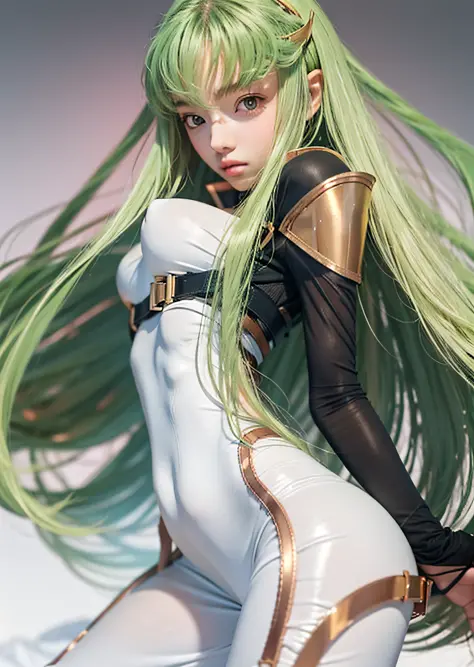 c.c., wavy hair, masterpiece, code geass, very long green hair, beautiful big gold eyes, smooth fair skin, shiny gold plates, se...