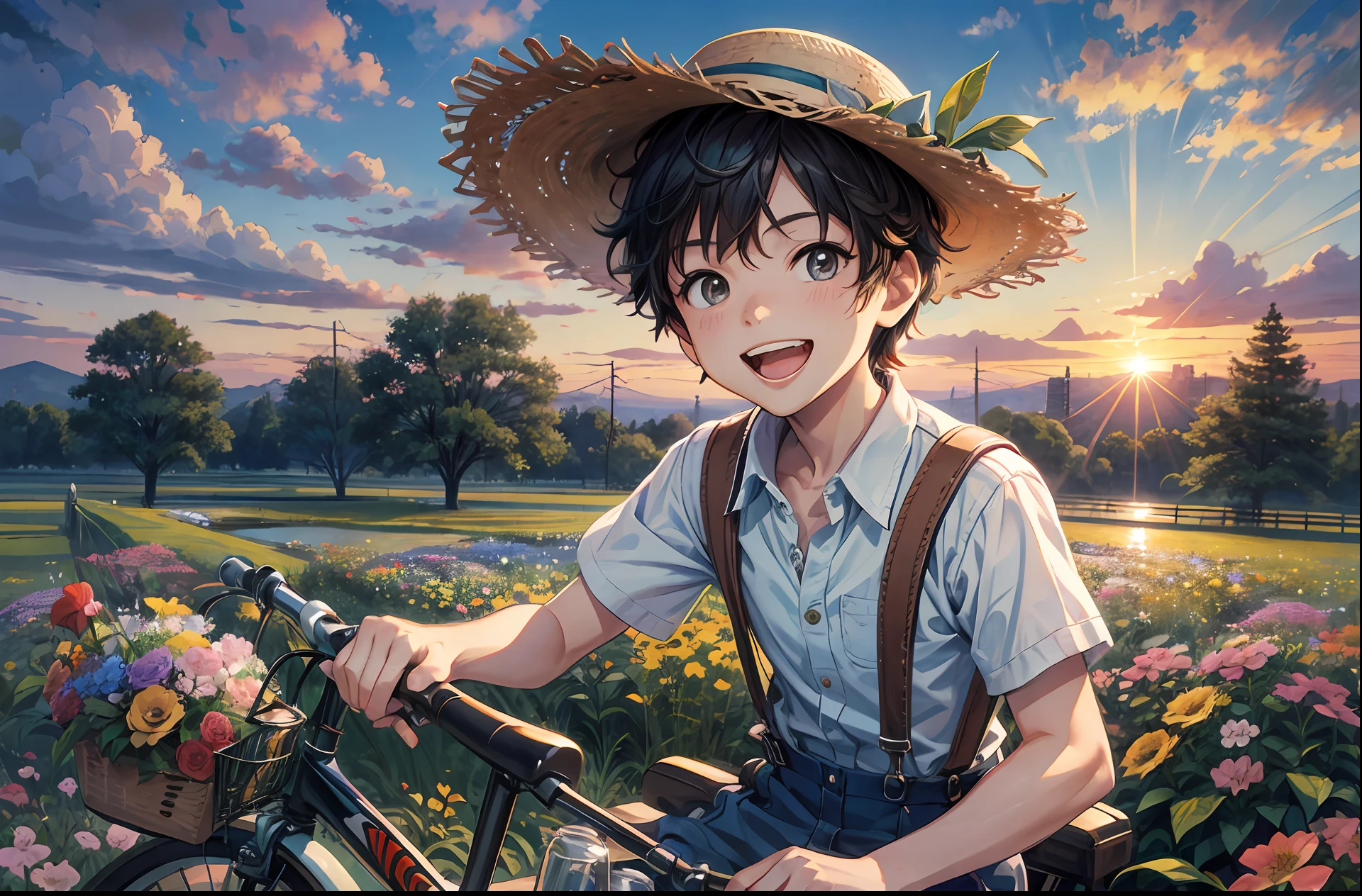 Miyazaki's painting style，A young boy with，Wear suspenders，Riding a bicycle，Flowers on the front rack of the car，very happily，Laughing heartily，With a straw hat，Side close-up view，the sunset