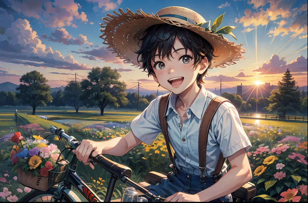 Miyazaki's painting style，A young boy with，Wear suspenders，Riding a bicycle，Flowers on the front rack of the car，very happily，La...