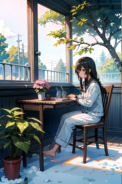 yukino under the snow， best quality at best， palmeiras， pyjamas， a chair， flower pots， inside in room， the tree， ivy， skysky， de...