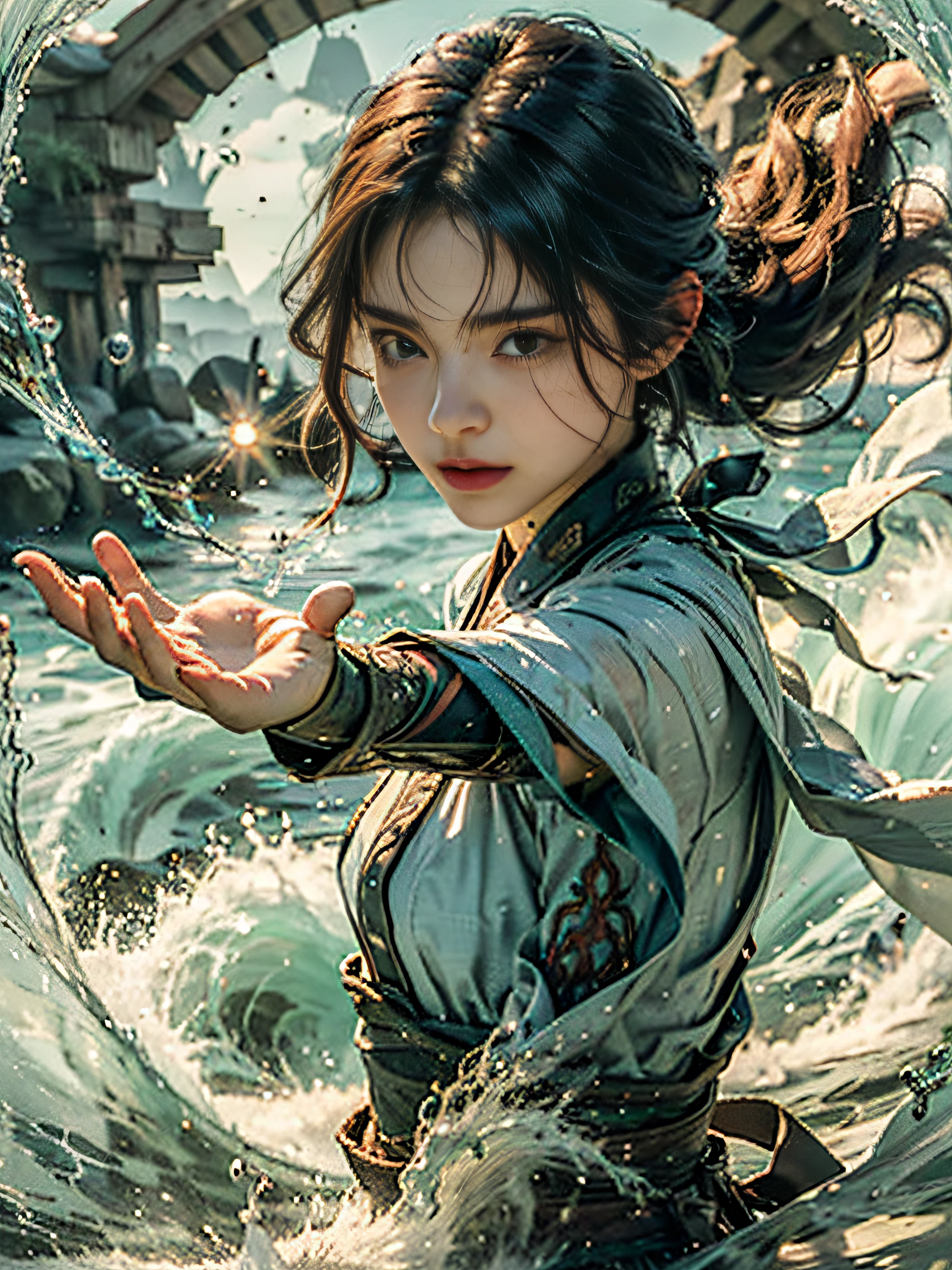 Blockbuster movies，Cinema lenses，Detailed details，Detailed facial expressions，Detailed hands（（best qualtiy））， （（tmasterpiece））， （A detailed）， （Realistis）， （offcial art）， （Very detailed CG unity 8K wallpaper）， （Water magic：1.2）， （Mobile firepower：1.1）， （element control：1.2）， （graceful movements：1.1）， （Aquatic beauty：1.2）， （Mysterious powers：1.2）， （Serene expression：1.1）， （Flowing tides：1.2）， （Sparkling water droplets：1.2）， （magic aura：1.1）， （magic incantation：1.2）， （Ripple waves：1.2）， （Brilliant flame formation：1.1）， （Emerges from a whirlpool of water：1.2）， （Resonate with nature：1.2），（commanding the elements：1.2），（translucent veils：1.1），（Wisdom and strength：1.2），（swirls of magic：1.2），（Glowing zigzag：1.1），（Harmony with the sea：1.2），（Mysterious origins：1.2），（harmonious balance：1.1），（The power of tranquility：1.2），（A fascinating spectacle：1.2），（Immerse yourself in liquid magic：1.1），（Embrace her destiny：1.2）真实感，超高分辨率