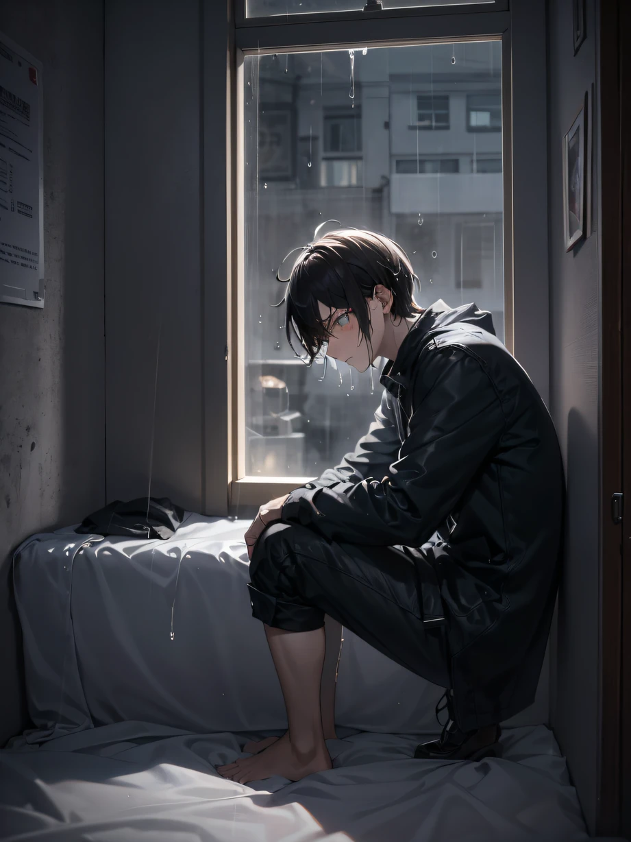 ，Masterpiece, Best quality，8K, 超高分辨率，Men's room，The room was dark and messy，The rain outside the window ran down the glass，The man sits wearily on the edge of the bed，There was deep helplessness and sadness in his eyes。