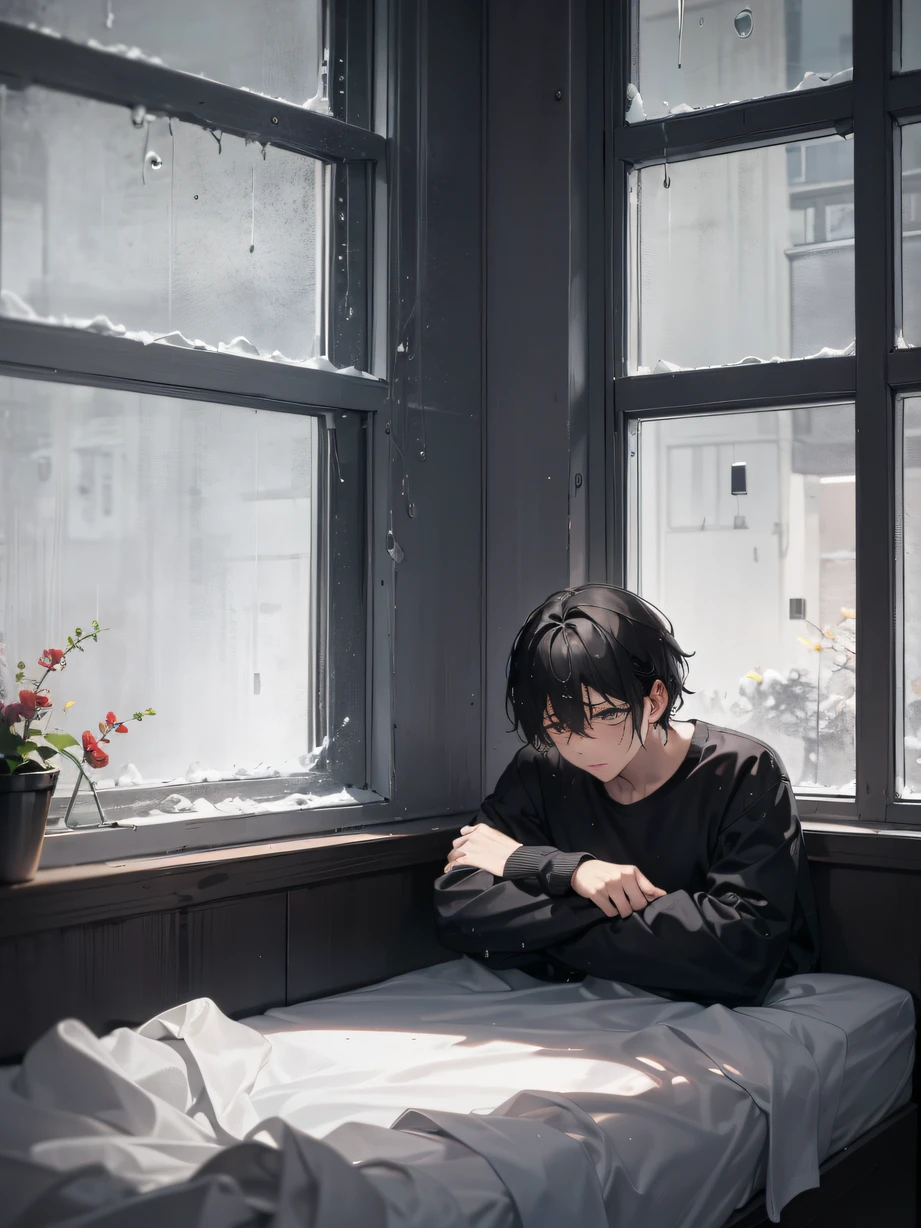 ，Masterpiece, Best quality，8K, 超高分辨率，Men's room，The room was dark and messy，The rain outside the window ran down the glass，The man sits wearily on the edge of the bed，There was deep helplessness and sadness in his eyes。