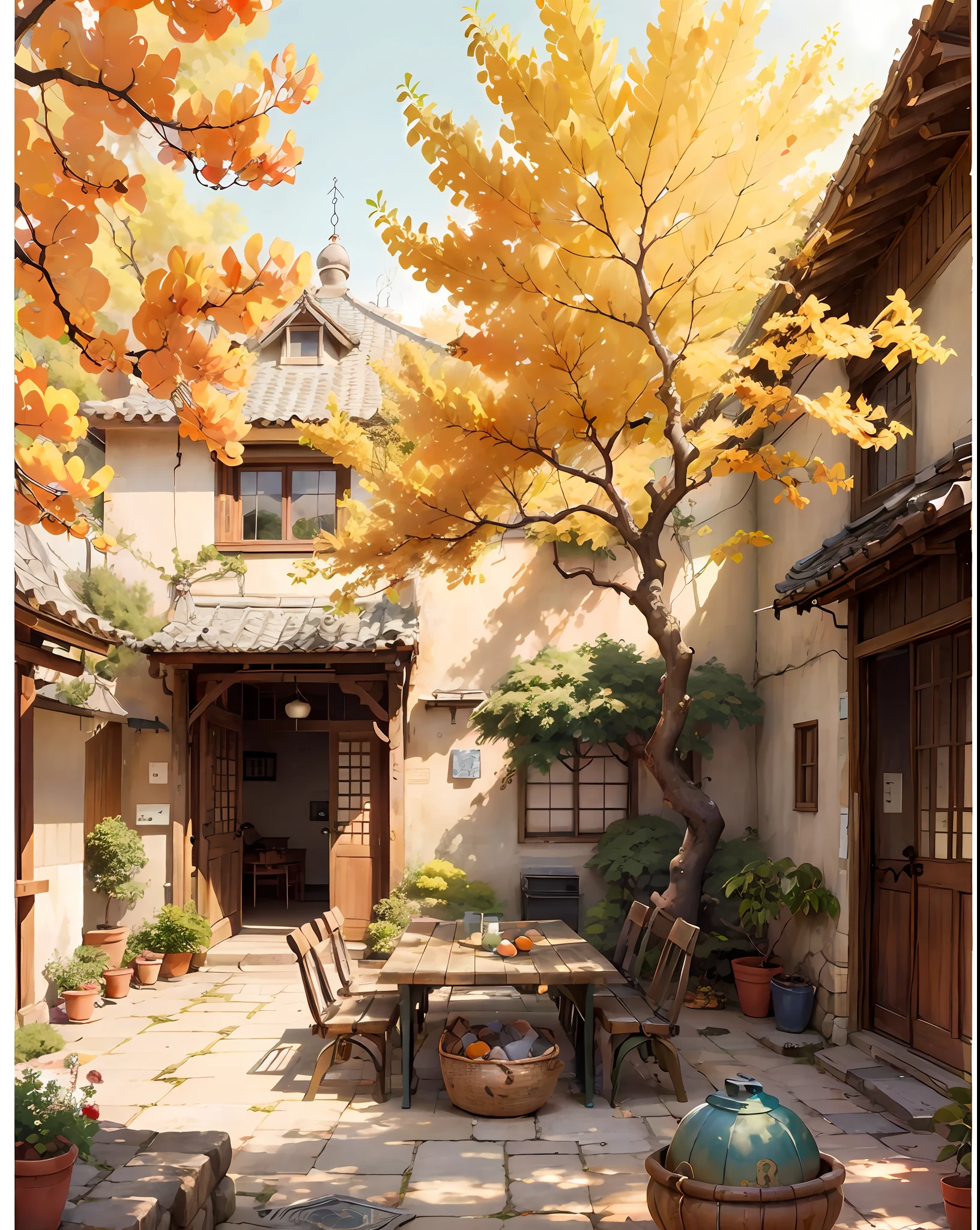 Draw a courtyard with tables and chairs and a tree, Chinese courtyard, the structure of the house is simple in Chinese, warm late autumn warm colors, tables and chairs in the yard, fruit plates on the table, flowers and plants around, beautiful artwork illustrations, landscape artwork, autumn, Zhou Chen, there is a persimmon tree, full of red persimmons, lens wide angle, far view, master works, anime background art, Studio Ghibli art, Studio Ghibli environment, beautiful digital painting, detailed scenery - width 672, Studio Ghibli style, Studio Ghibli Sunshine, beautiful digital artwork, painted by Ni Yuanlu, Studio Ghibli painting style