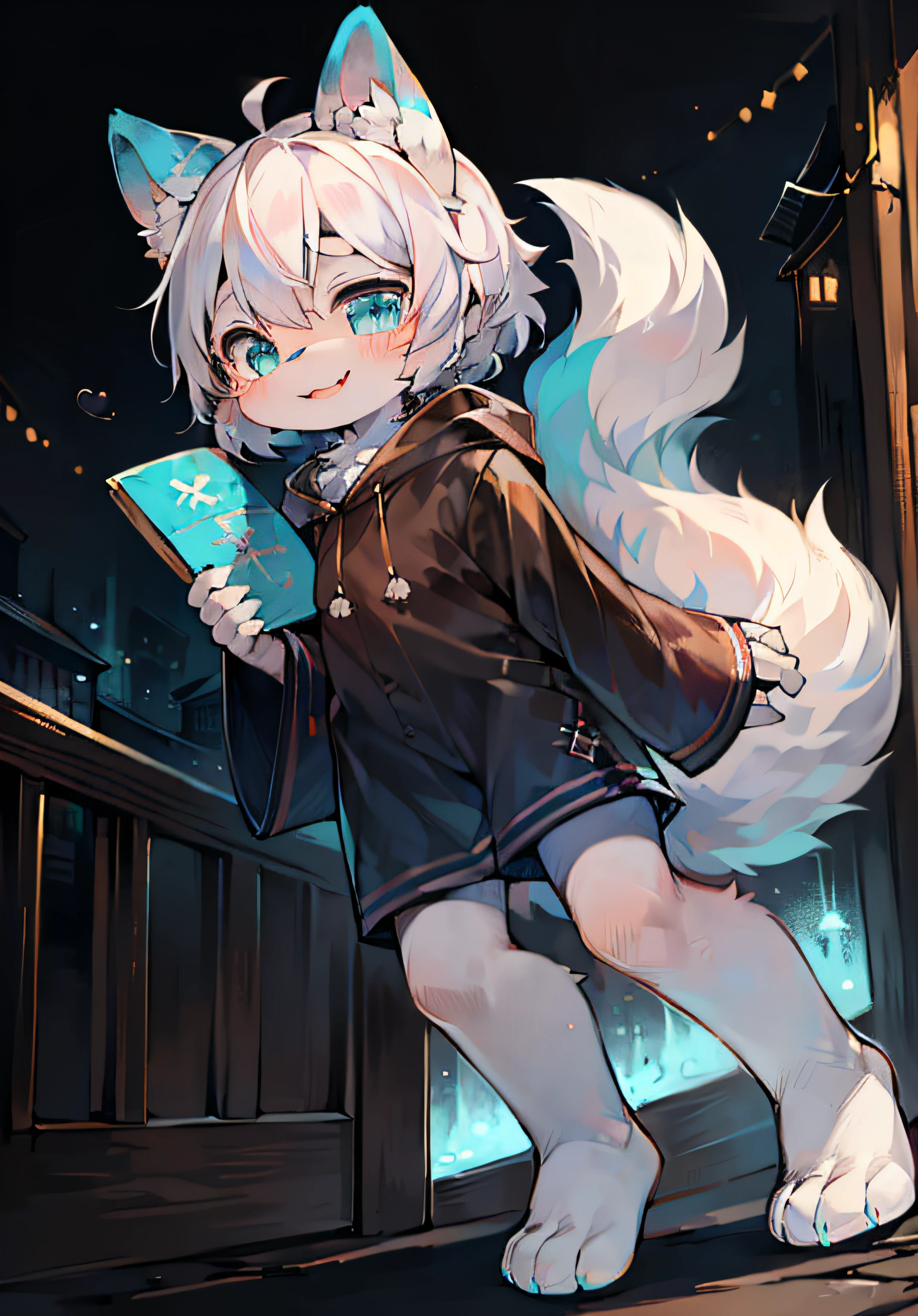 (ambiente dark:0.8),Masterpiece,High quality,abstract res,Digital painting\(artwork of a\), by Dagasi, Yupa,Kiyosan,(anthro,Fluffy fur,Character focus:1.1),anthro male cat,Short hair, eyes with brightness, in a panoramic view, Character focus.(detailedbackground:0.7), 独奏, shaggy, shaggy male, malefocus, anthr,(Full Body Furry, Fluffy tail, Pure white fur, Light blue ears，Fair legs，Holding a large sign in both hands，blue color eyes, White color hair:1.2), (long canines、cloaks：1.2），Confident and happy expression,kawaii,Cute,Fancy,Fragile,Cool,Handsome. Three-headed body，largeeyes