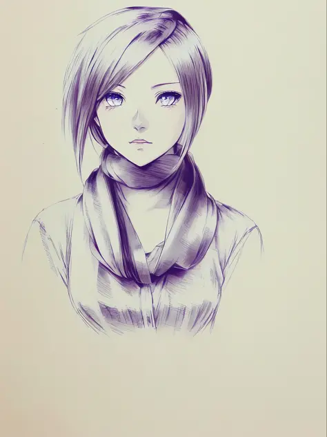 Draw a girl with long hair and scarf, anime sketch, anime shading), loose pencil sketch, Stunning anime face portrait, a beautif...