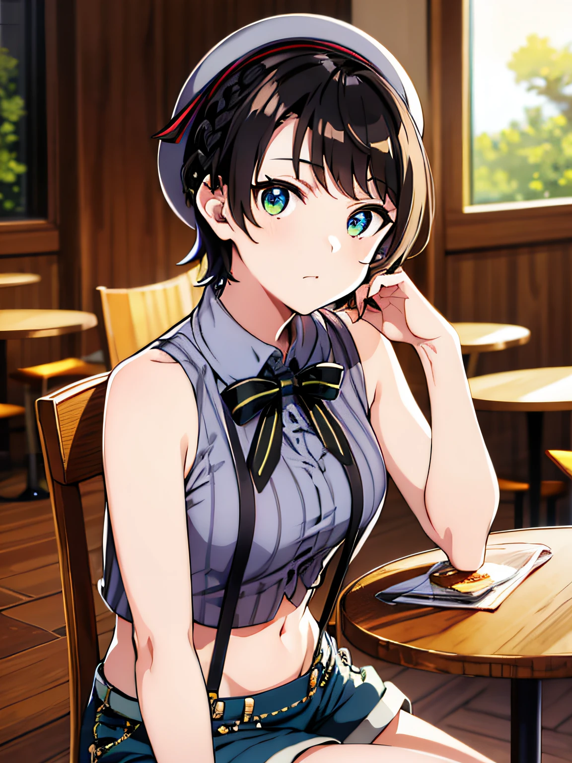 subaru_suspenders, french braid, grey shirt, bare arms, black bowtie, blue shorts, midriff, grey headwear, grey socks, sitting at table, sitting on a chair BREAK cafe, lunch, fancy cafe, desert, cozy cafe, daytime, sunny, BREAK 2d, masterpiece, best quality, anime, highly detailed face, highly detailed background, perfect lighting, clothes that show shoulder arms skin, full body,