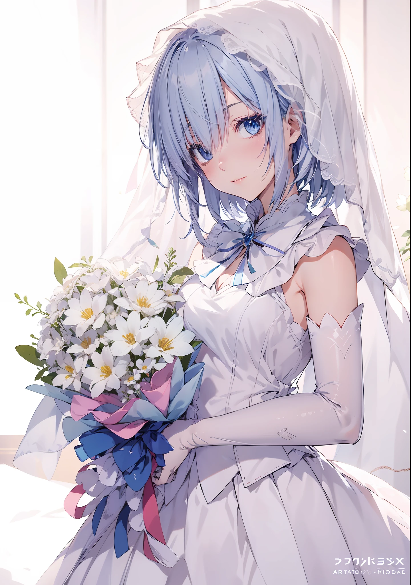 Anime - Stylistic image of a bride in a wedding dress holding a bouquet, Rem Rezero, a skirt，Guviz, anime moe art style, zerochan art, clean and meticulous anime art, 8K!!, Guweiz in Pixiv ArtStation, [nightcore, Official artwork, offcial art