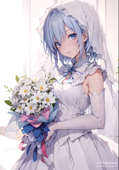 anime - stylistic image of a bride in a wedding dress holding a bouquet, rem rezero, a skirt，guviz, anime moe art style, zerocha...