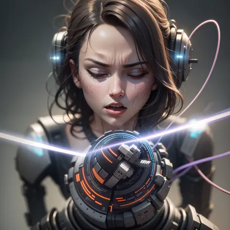 Human-android connected by wires to a machine, ultra realistic, unconscious, anger vein, eyes closed, motion blur, wide shot, Wi...