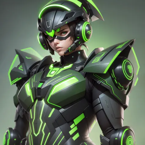 there is a woman in a black suit and a green helmet, futuristic robot body, cyborg tech on body and legs, cybernetic body, femal...
